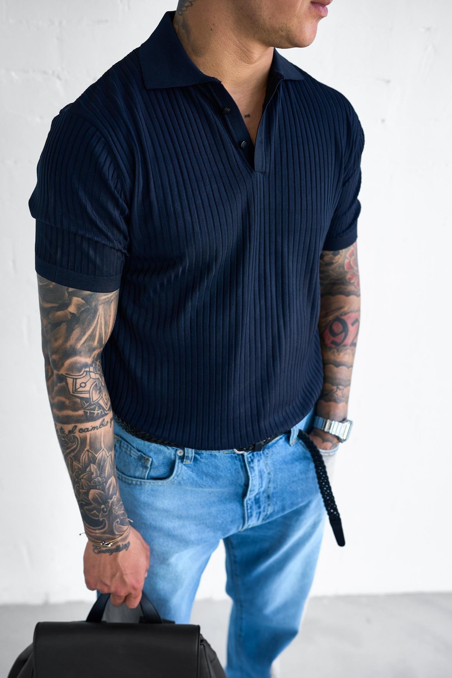 Erkek Polo Yaka Düğmeli Slim Fit T-Shirt Lacivert
