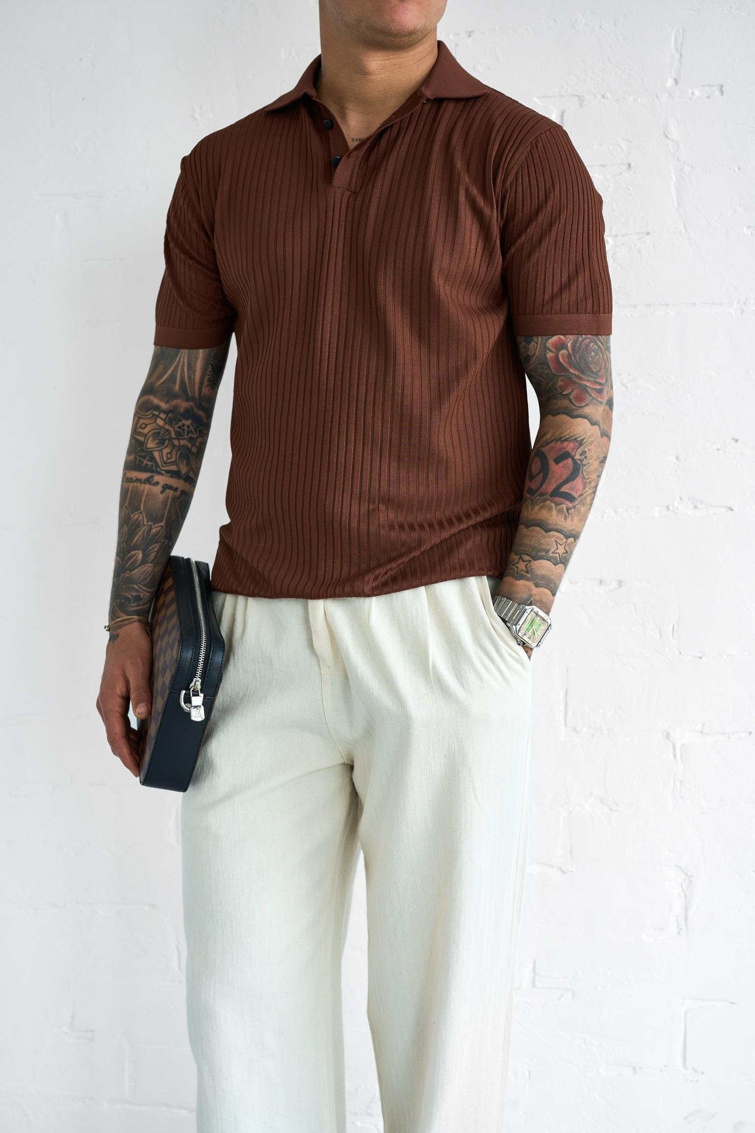 Erkek Polo Yaka Düğmeli Slim Fit T-Shirt Kahverengi