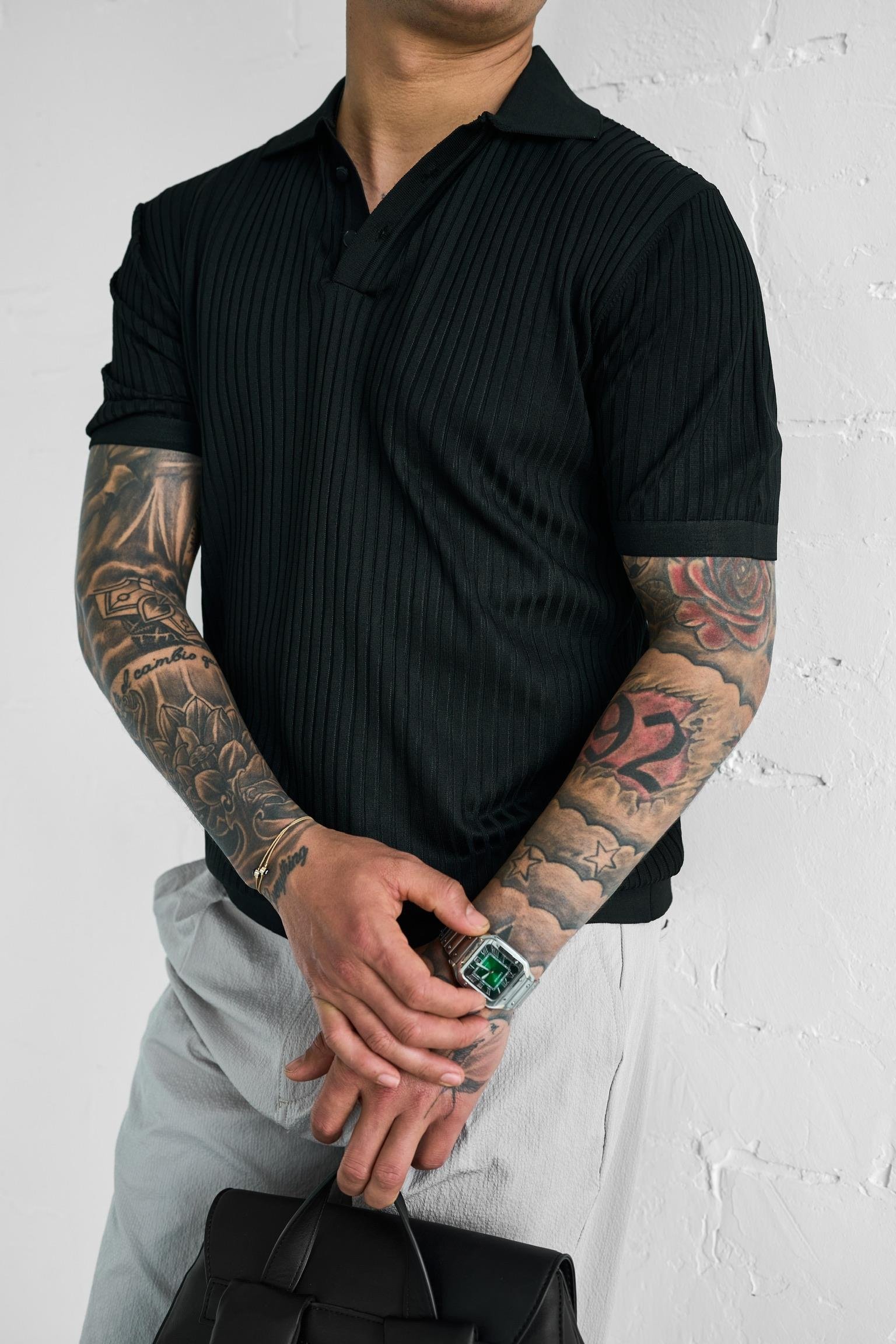 Erkek Polo Yaka Düğmeli Slim Fit T-Shirt Siyah
