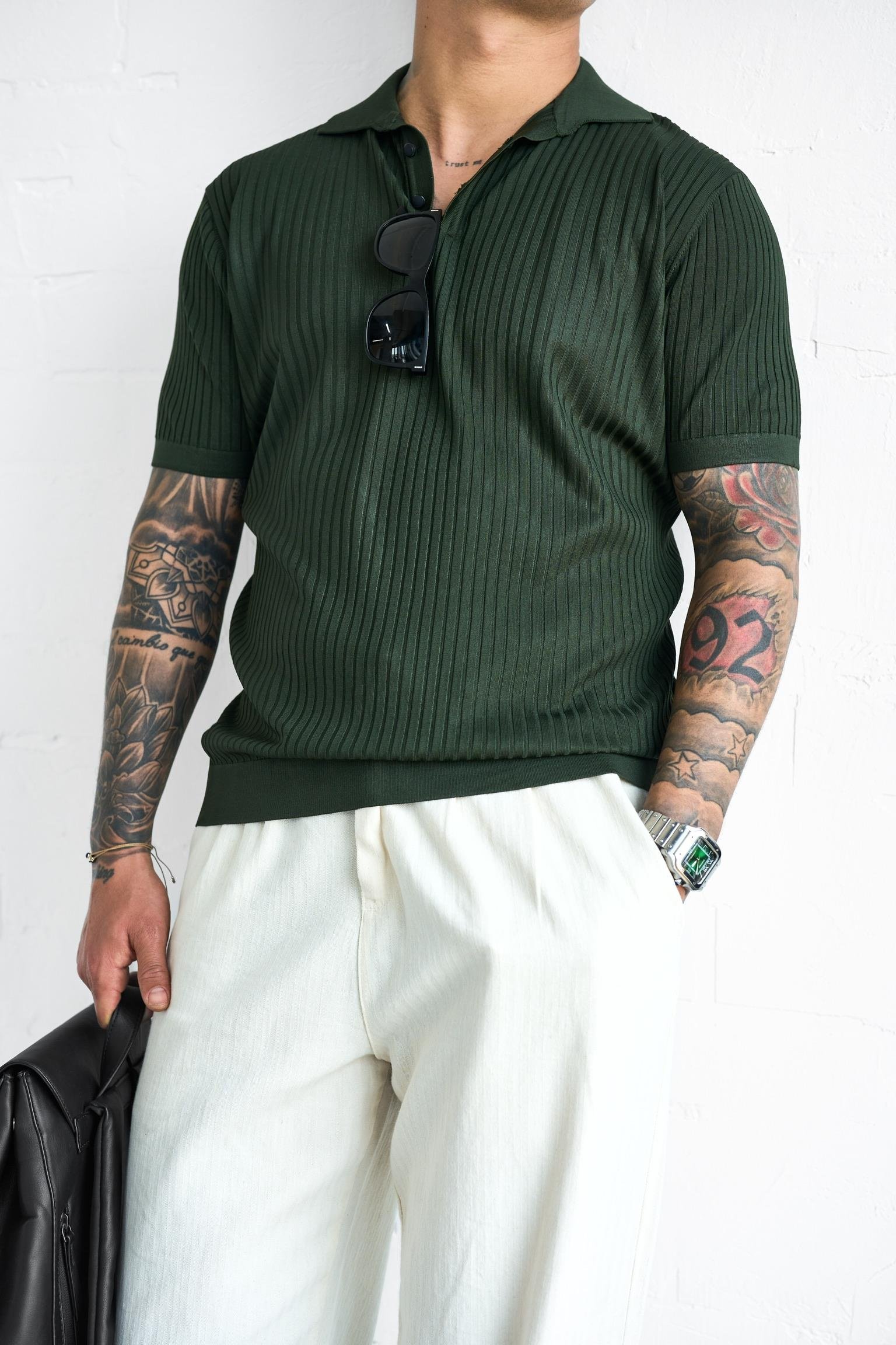 Erkek Polo Yaka Düğmeli Slim Fit T-Shirt Haki Yeşil