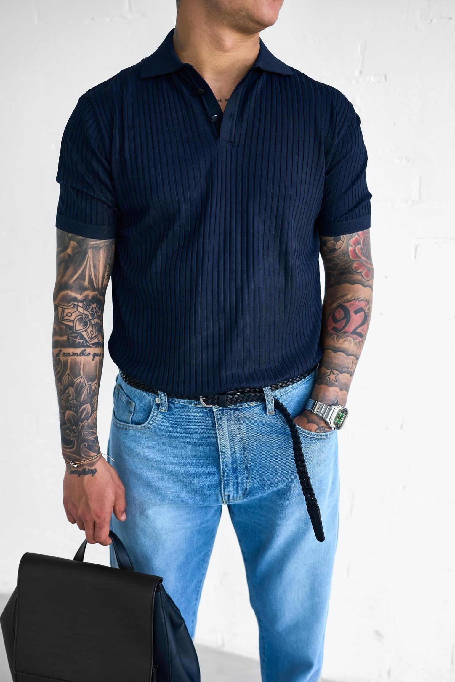 Erkek Polo Yaka Düğmeli Slim Fit T-Shirt Lacivert