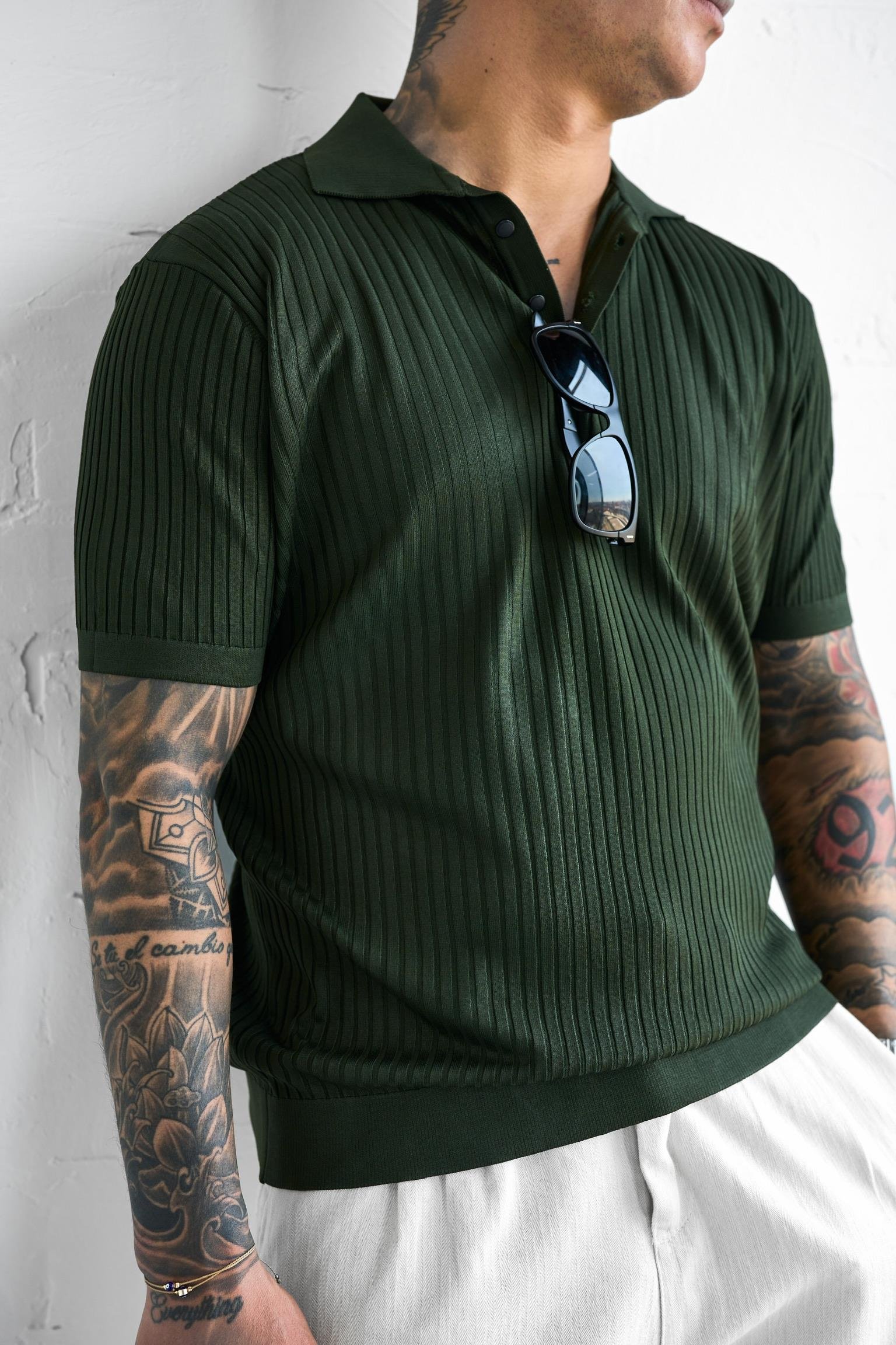 Erkek Polo Yaka Düğmeli Slim Fit T-Shirt Haki Yeşil
