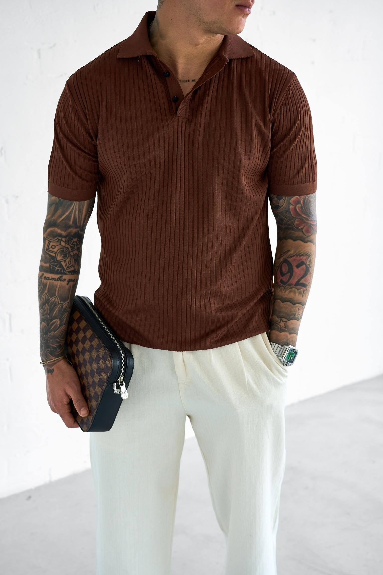 Erkek Polo Yaka Düğmeli Slim Fit T-Shirt Kahverengi