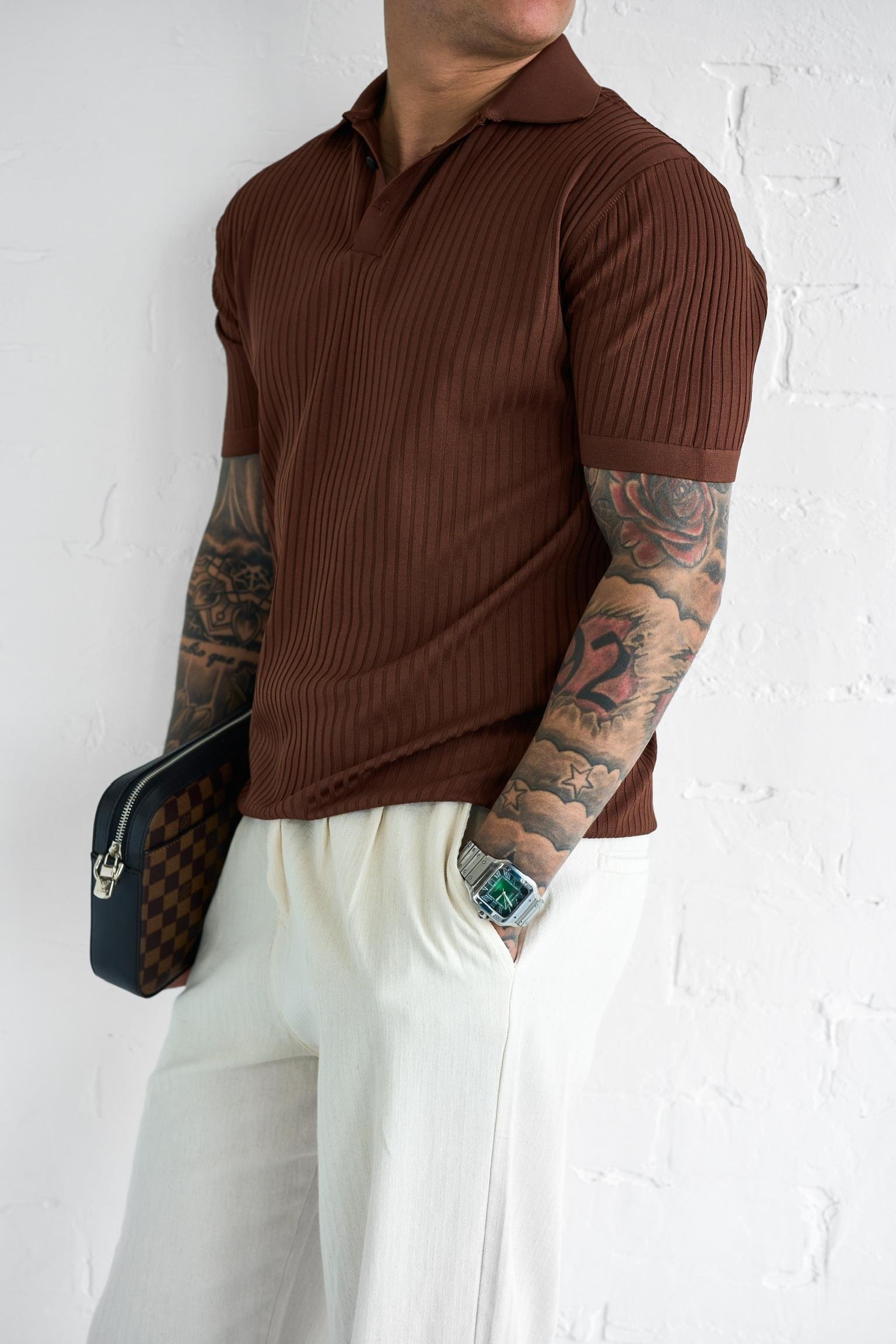 Erkek Polo Yaka Düğmeli Slim Fit T-Shirt Kahverengi