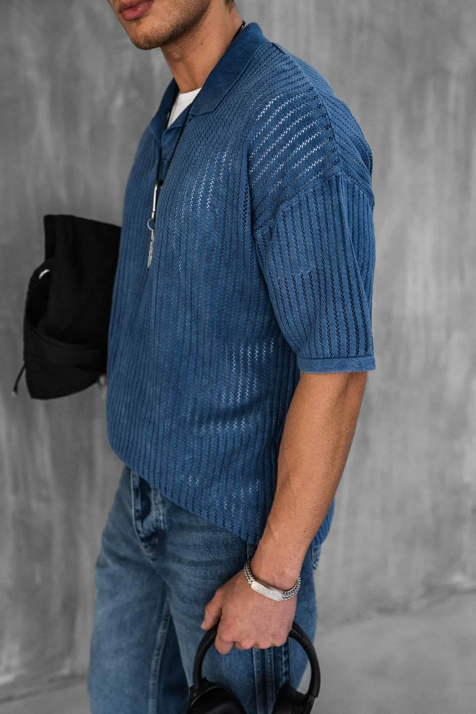Erkek Polo Yaka Regular Fit Triko T-shirt Koyu Mavi