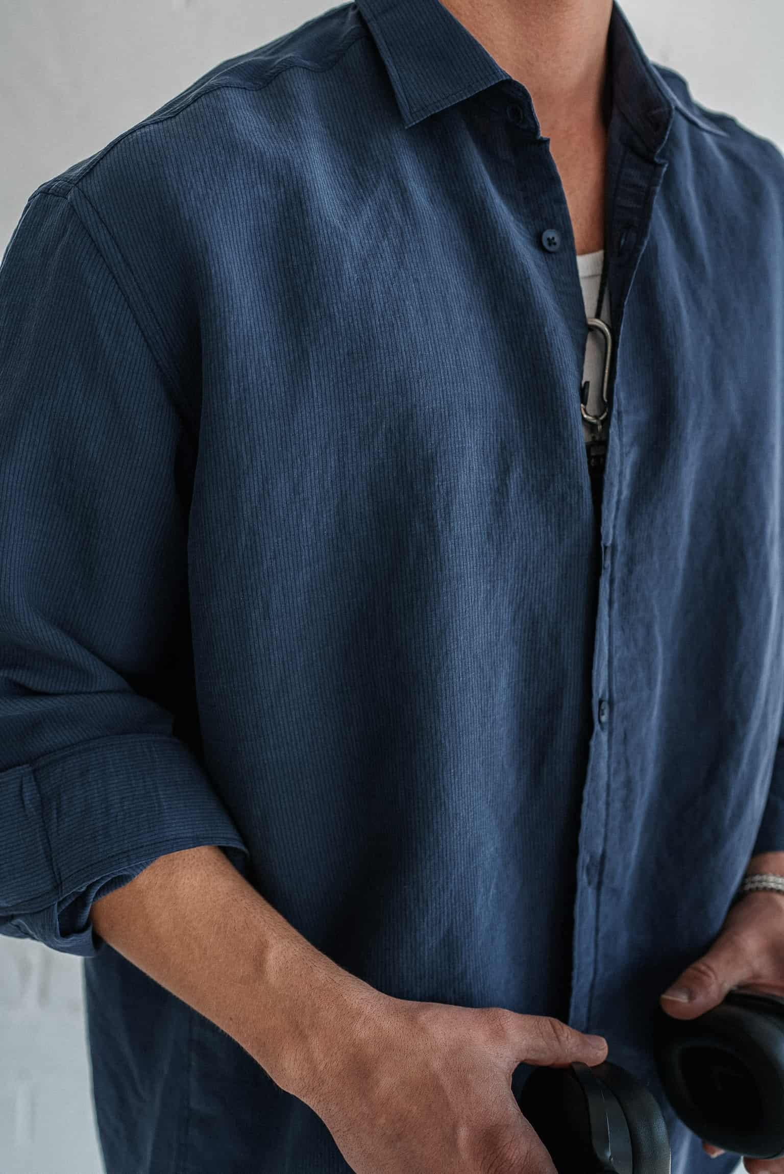 Erkek Premium Çizgili Uzun Kollu Oversize Gömlek Lacivert
