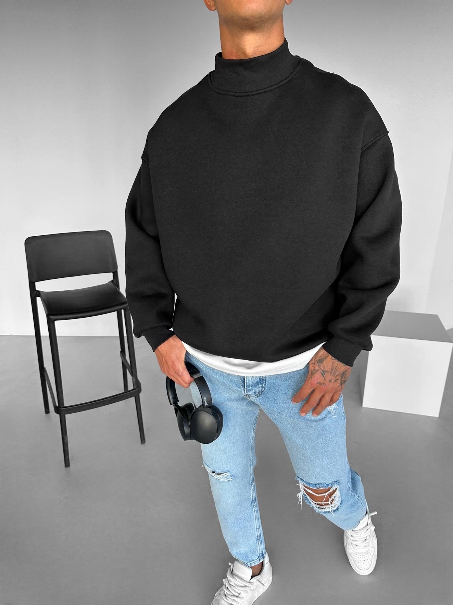 Erkek Rahat Kalıp Basic Uzun Kollu Sweatshirt Siyah