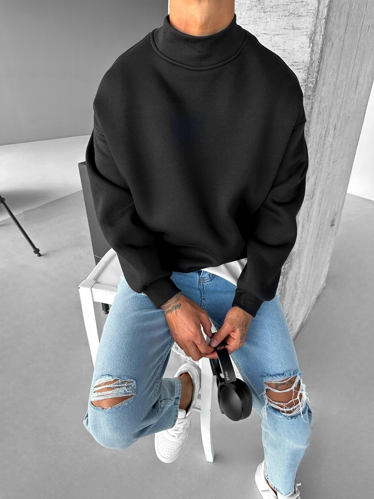 Erkek Rahat Kalıp Basic Uzun Kollu Sweatshirt Siyah