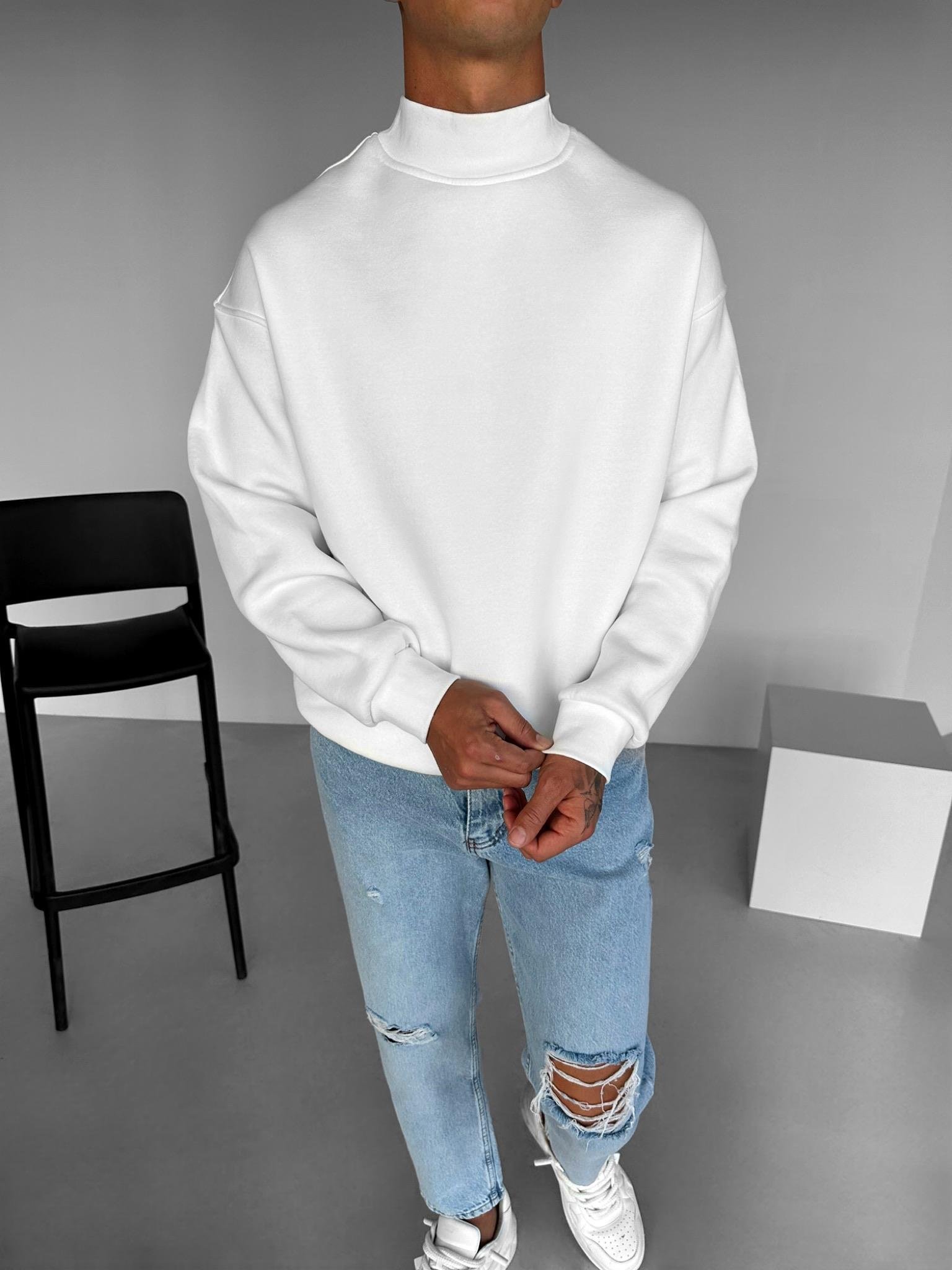 Erkek Rahat Kalıp Basic Uzun Kollu Sweatshirt Ekru