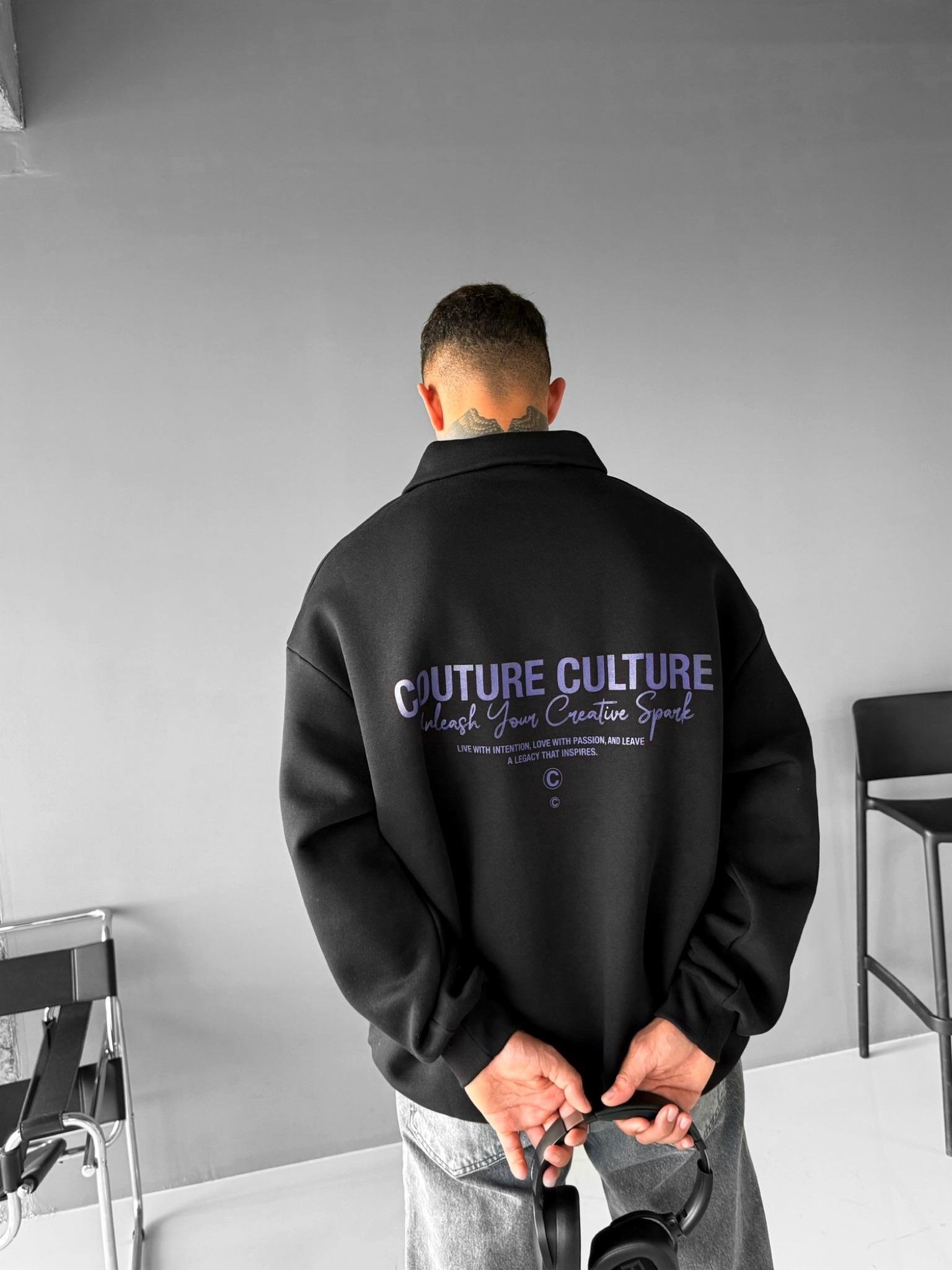 Erkek Rahat Kalıp Baskılı Polo Yaka Sweatshirt Siyah