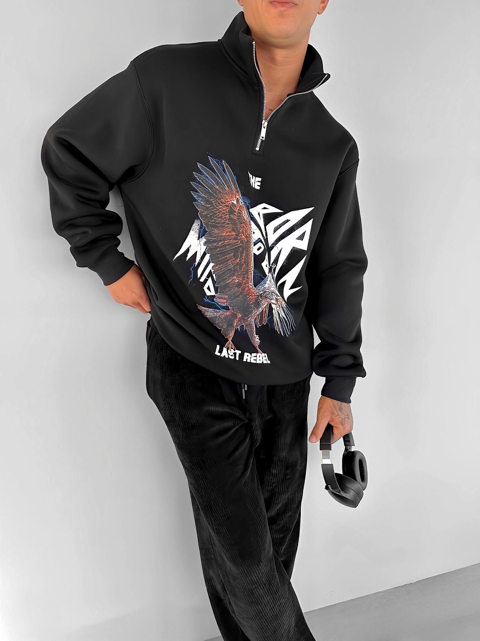 Erkek Rahat Kalıp Baskılı Yarım Fermuarlı Sweatshirt Siyah