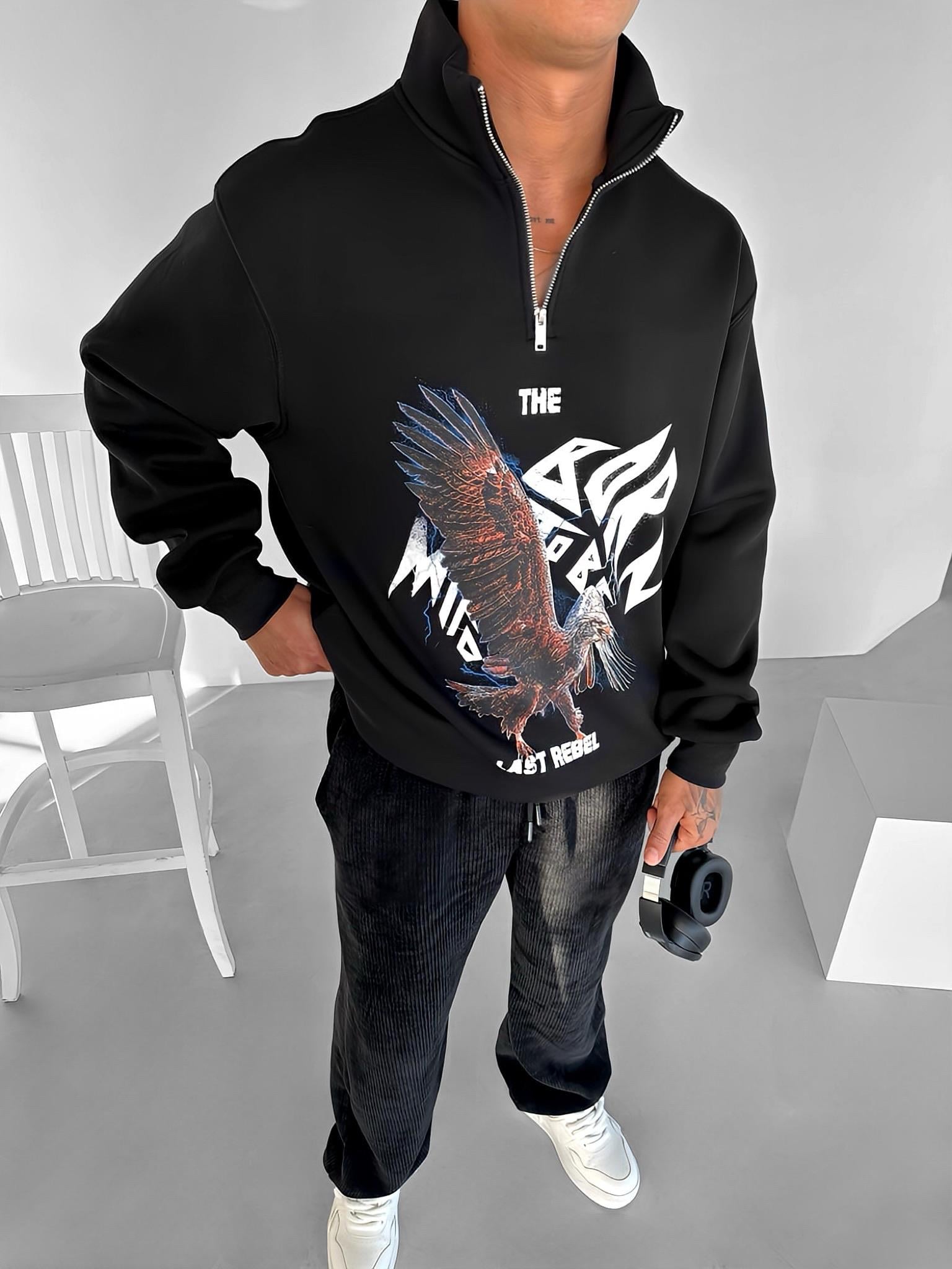 Erkek Rahat Kalıp Baskılı Yarım Fermuarlı Sweatshirt Siyah