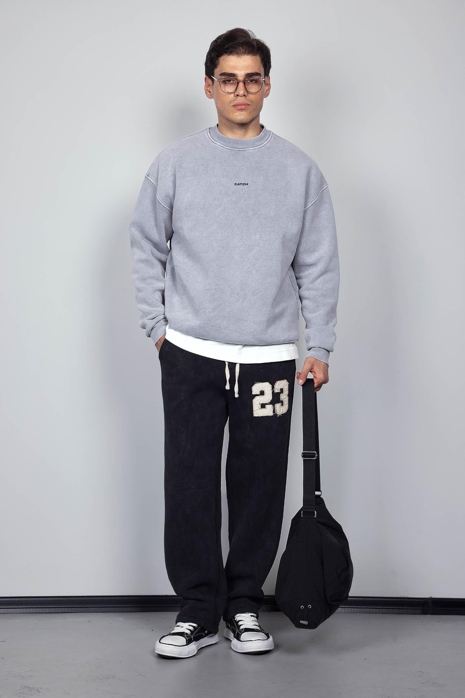 Erkek Rahat Kalıp Baskılı Yuvarlak Yaka Sweatshirt Gri