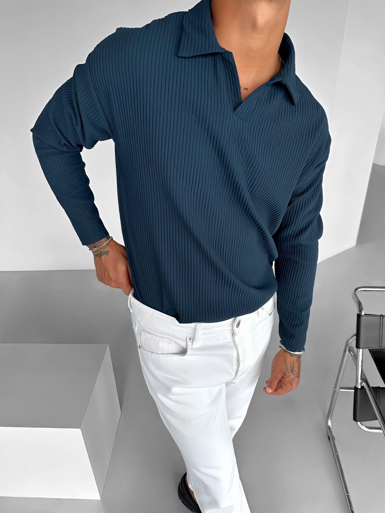Erkek Rahat Kalıp Fitilli Polo V Yaka Uzun Kollu Sweatshirt Petrol Mavi
