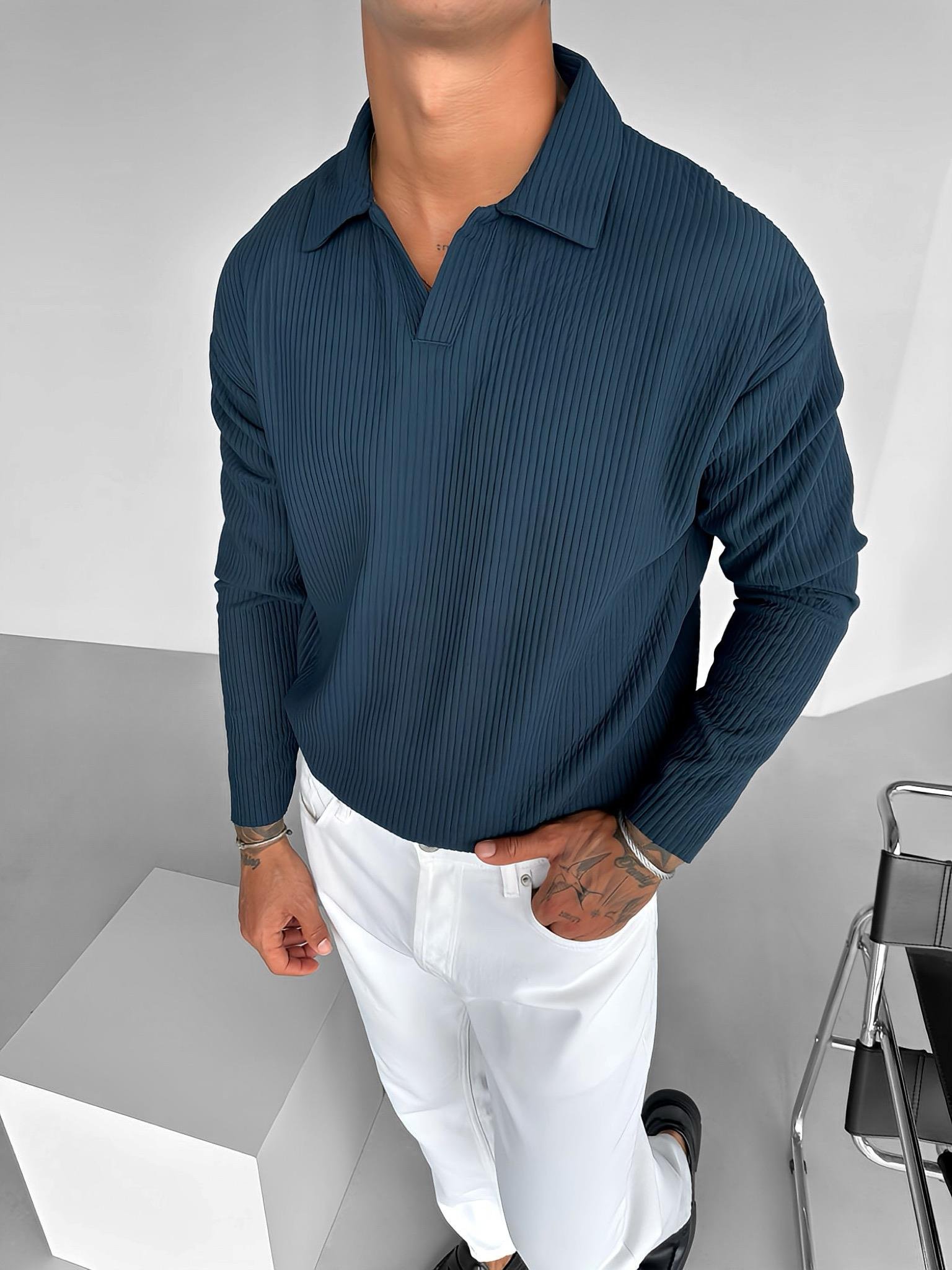 Erkek Rahat Kalıp Fitilli Polo V Yaka Uzun Kollu Sweatshirt Petrol Mavi