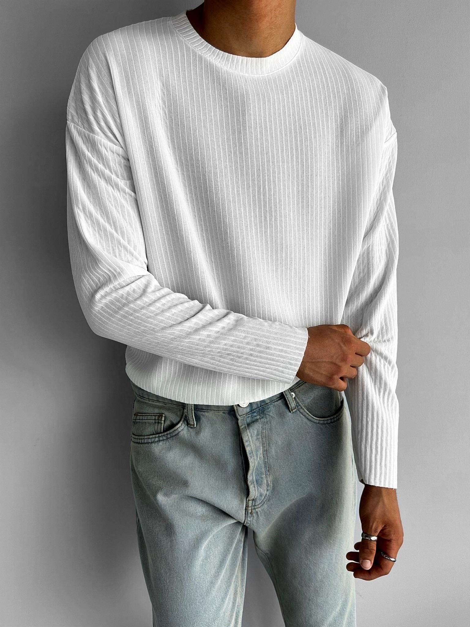 Erkek Rahat Kalıp Fitilli Uzun Kollu Sweatshirt Beyaz