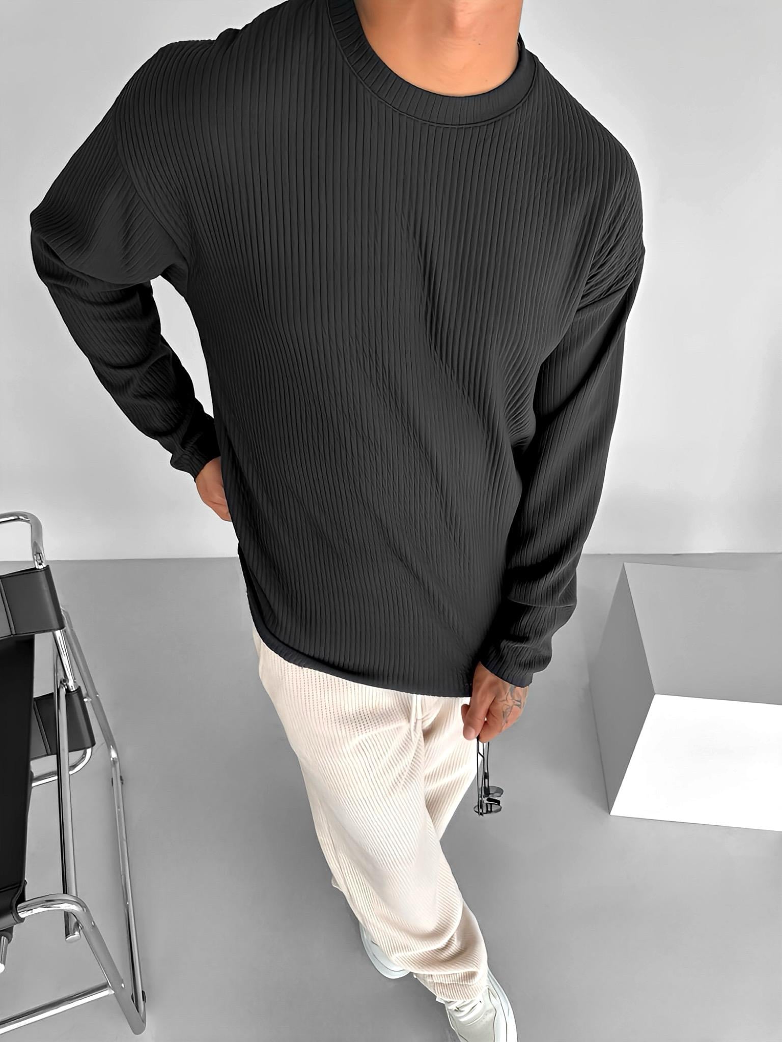 Erkek Rahat Kalıp Fitilli Uzun Kollu Sweatshirt Siyah