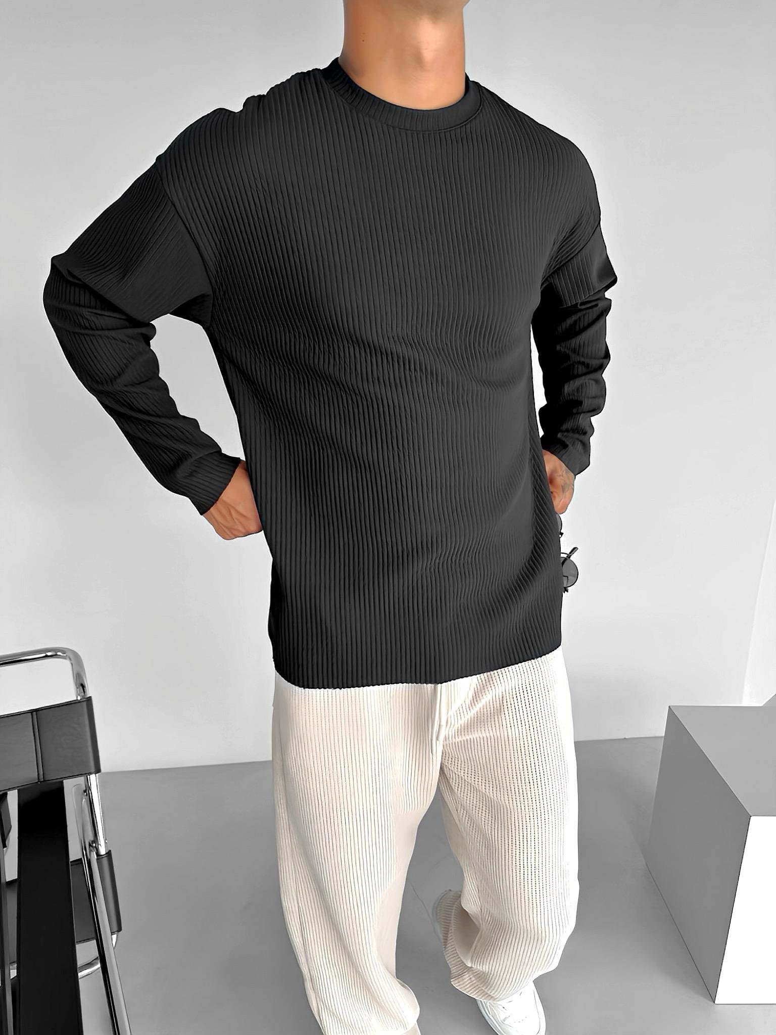 Erkek Rahat Kalıp Fitilli Uzun Kollu Sweatshirt Siyah