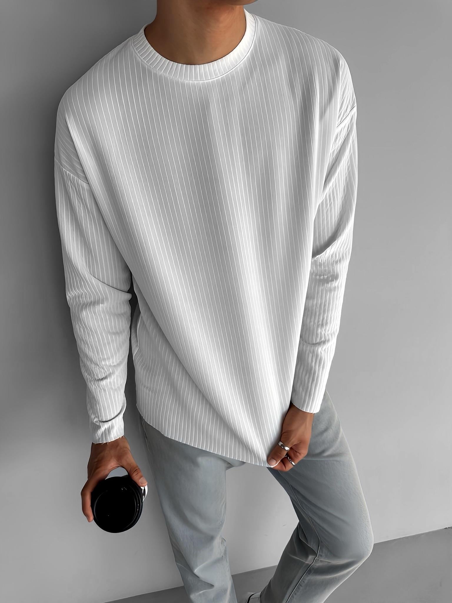Erkek Rahat Kalıp Fitilli Uzun Kollu Sweatshirt Beyaz