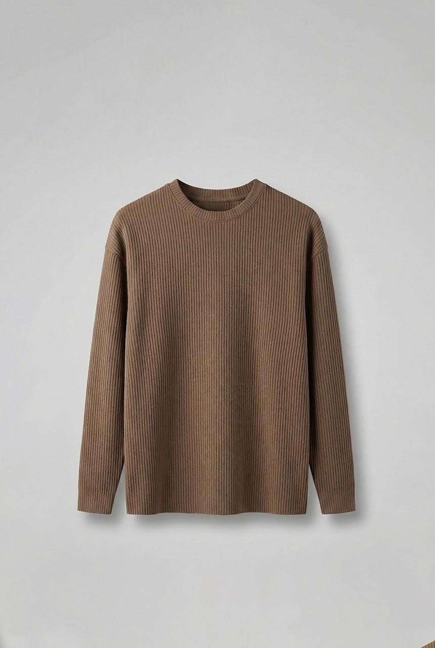 Erkek Rahat Kalıp Fitilli Uzun Kollu Sweatshirt Kahverengi