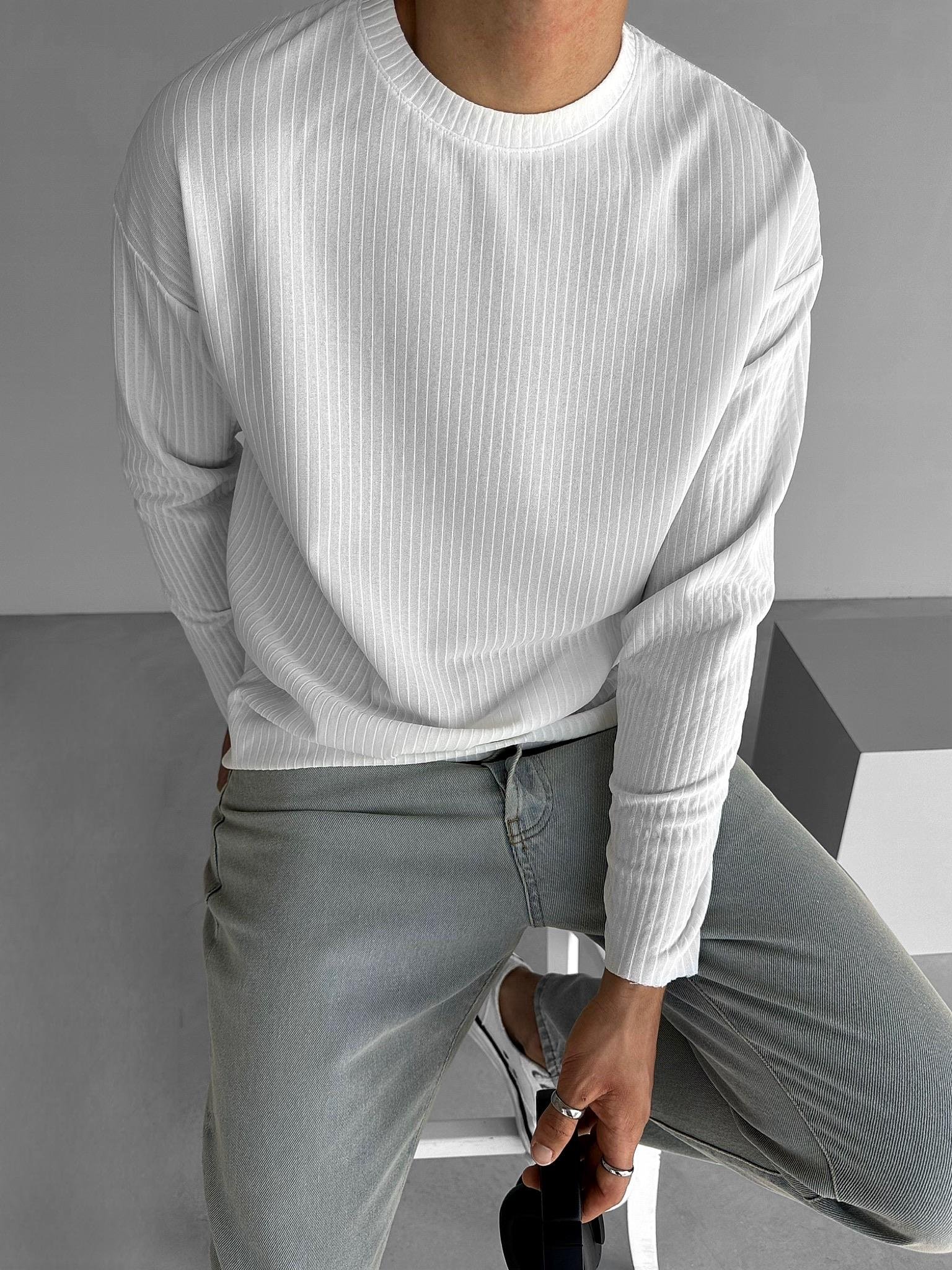 Erkek Rahat Kalıp Fitilli Uzun Kollu Sweatshirt Beyaz