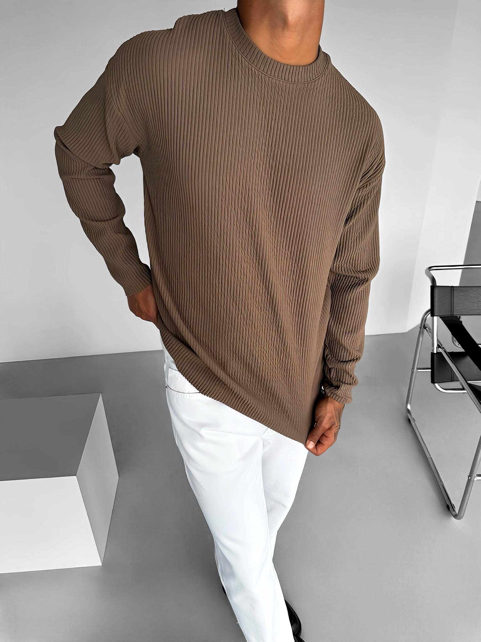Erkek Rahat Kalıp Fitilli Uzun Kollu Sweatshirt Kahverengi