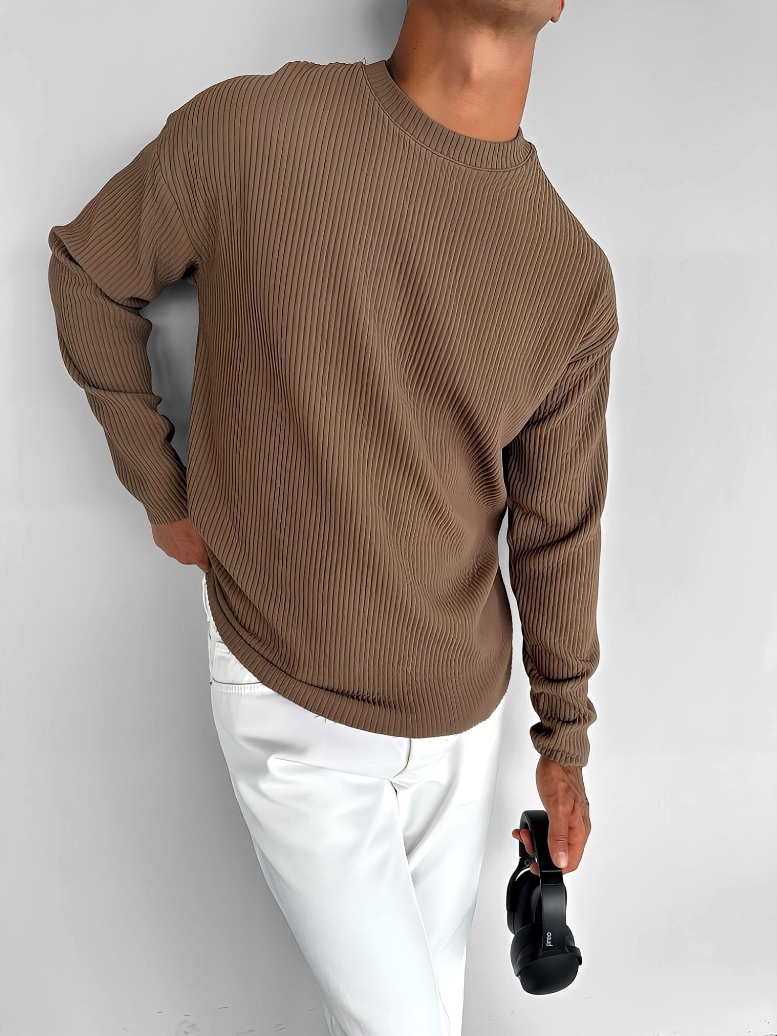 Erkek Rahat Kalıp Fitilli Uzun Kollu Sweatshirt Kahverengi