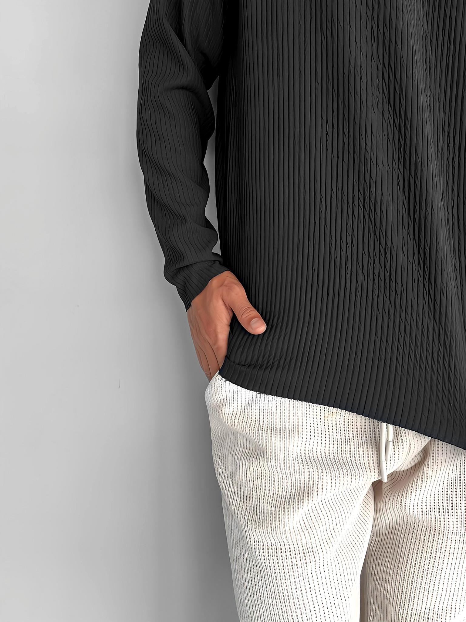 Erkek Rahat Kalıp Fitilli Uzun Kollu Sweatshirt Siyah