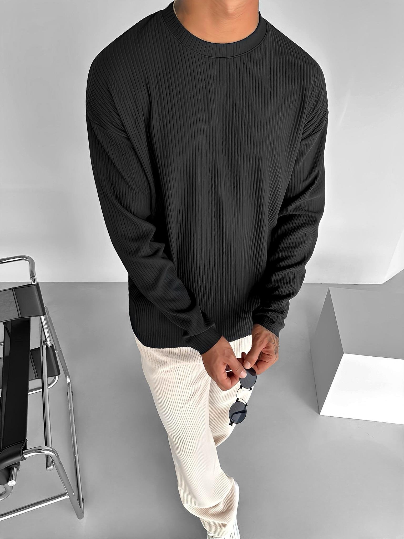 Erkek Rahat Kalıp Fitilli Uzun Kollu Sweatshirt Siyah
