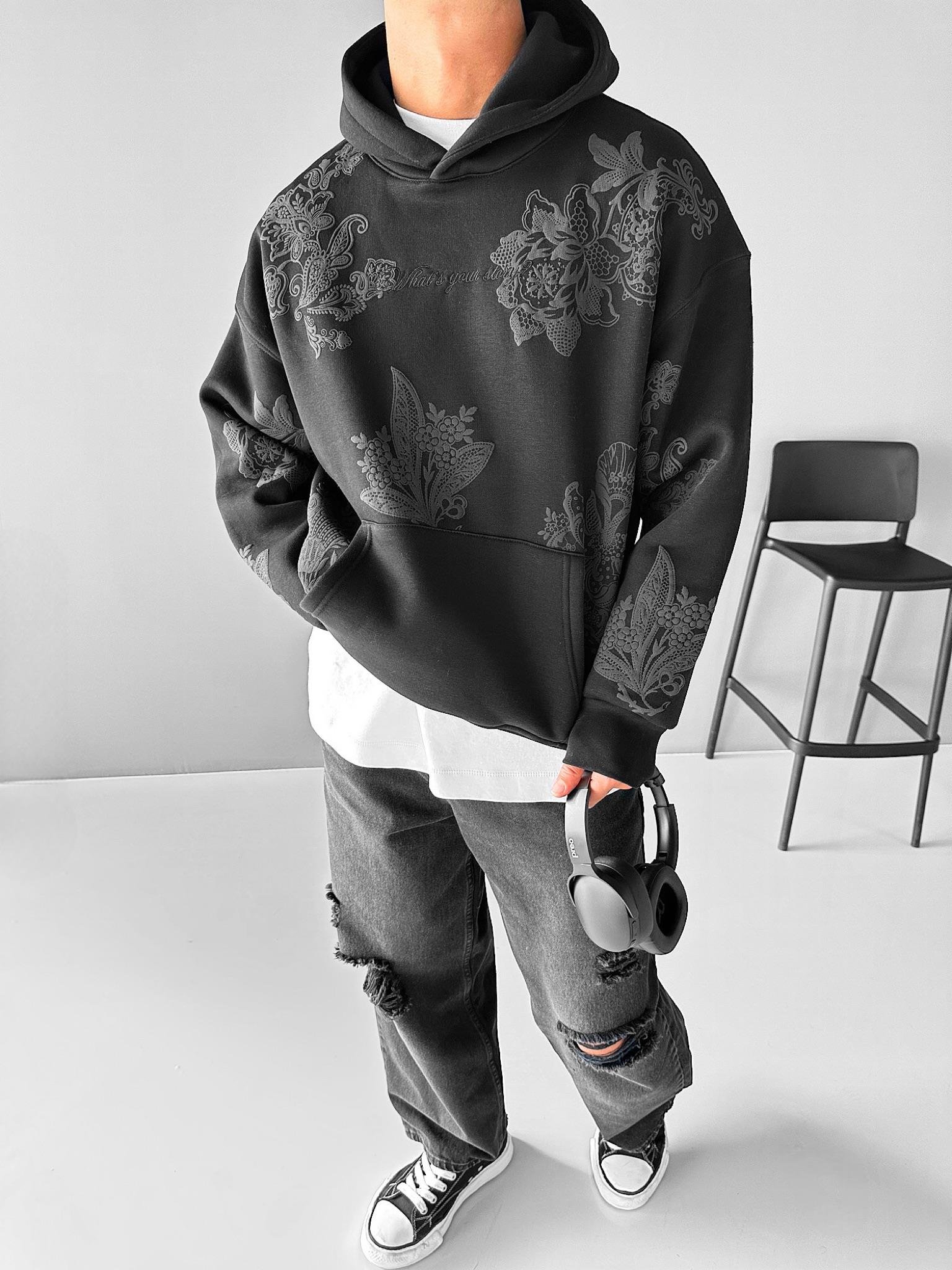 Erkek Rahat Kalıp Şal Desenli Şardonlu Kapüşonlu Cepli Sweatshirt Hoodie Siyah