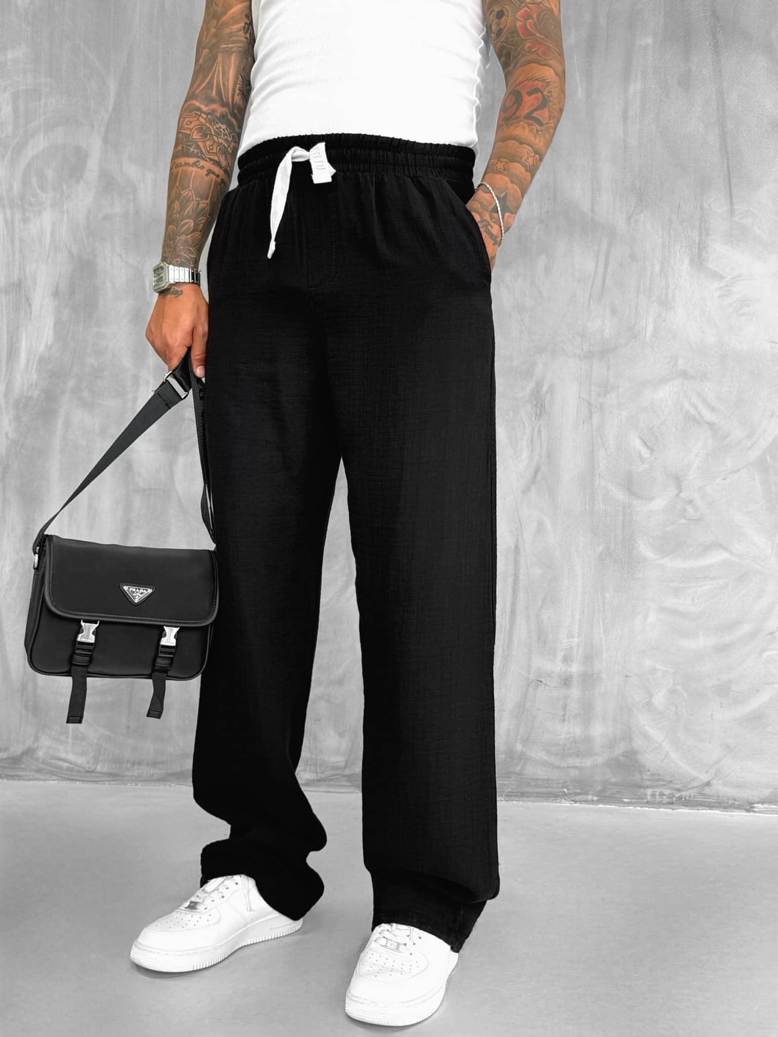 Erkek Rahat Kesim Baggy Fit Müslin Pantolon Siyah