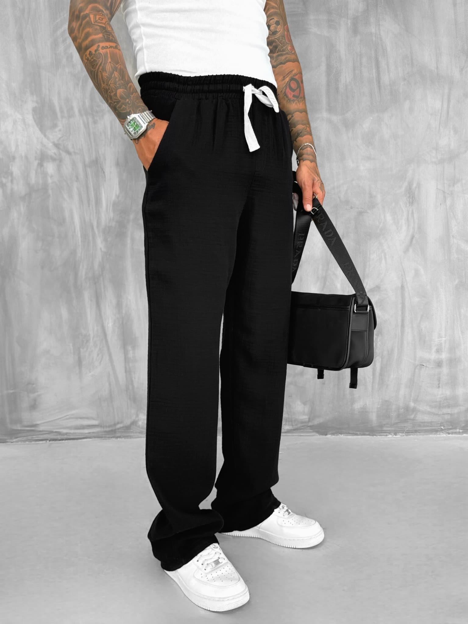 Erkek Rahat Kesim Baggy Fit Müslin Pantolon Siyah