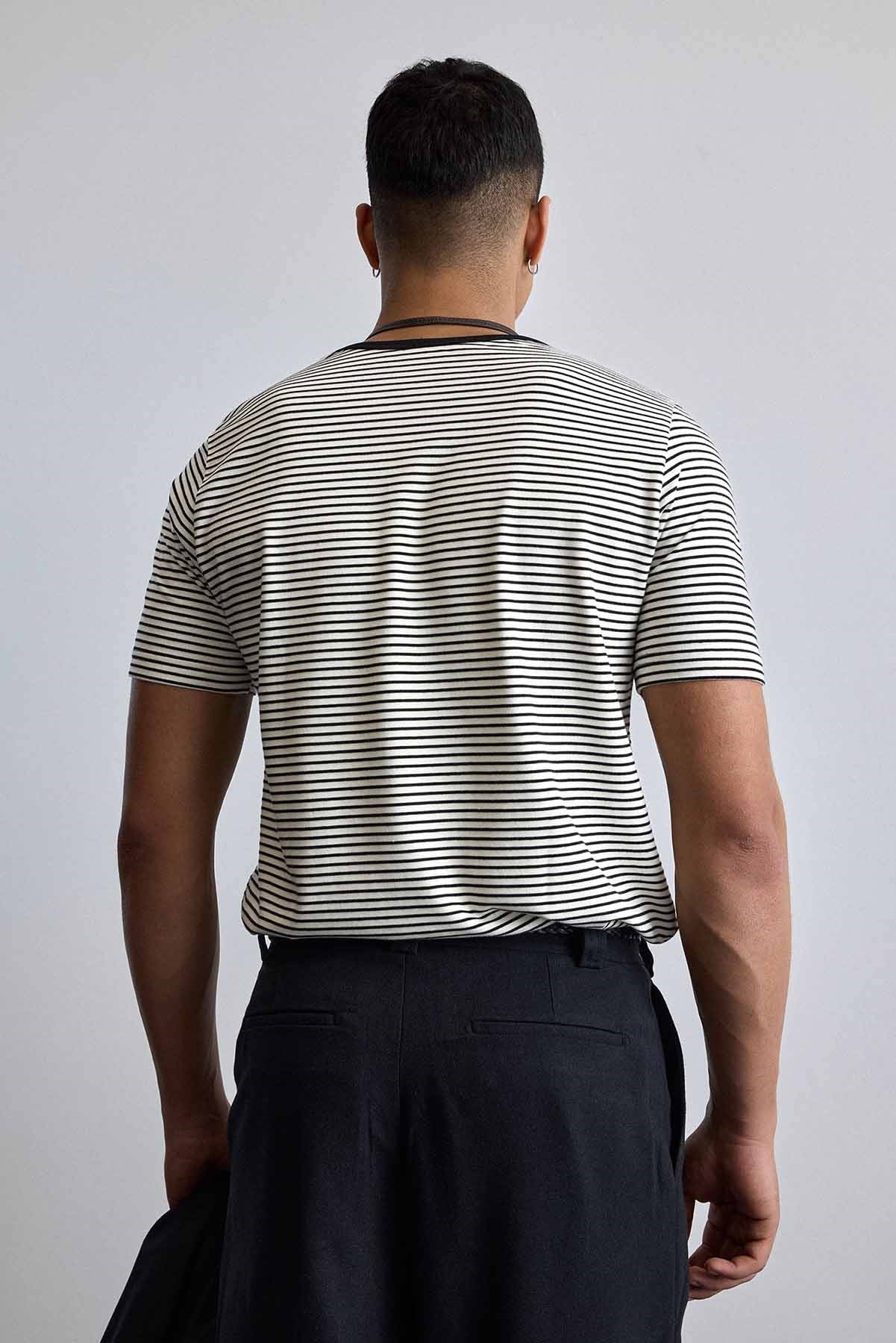 Erkek Regular Fit Çizgili Basic T-Shirt Ekru