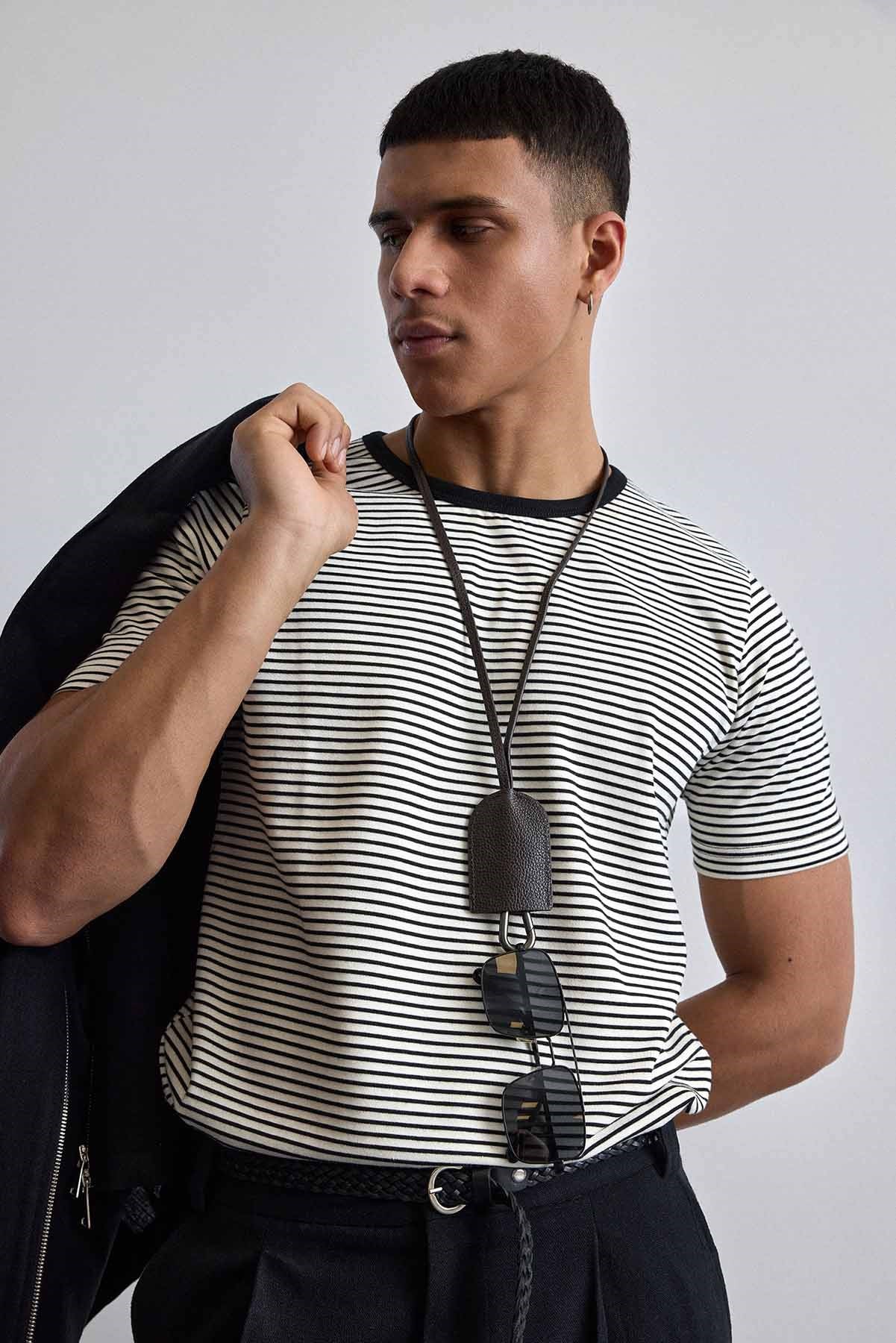 Erkek Regular Fit Çizgili Basic T-Shirt Ekru