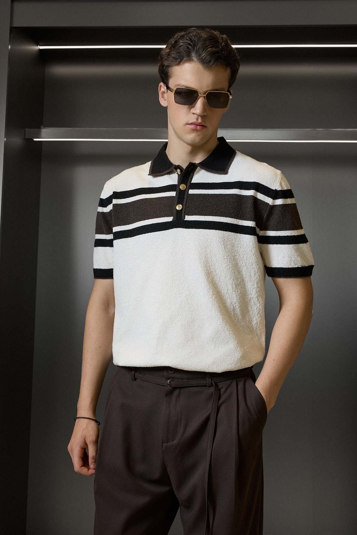 Erkek Regular Fit Çizgili Havlu Triko Polo Yaka T-Shirt Ekru Kahverengi