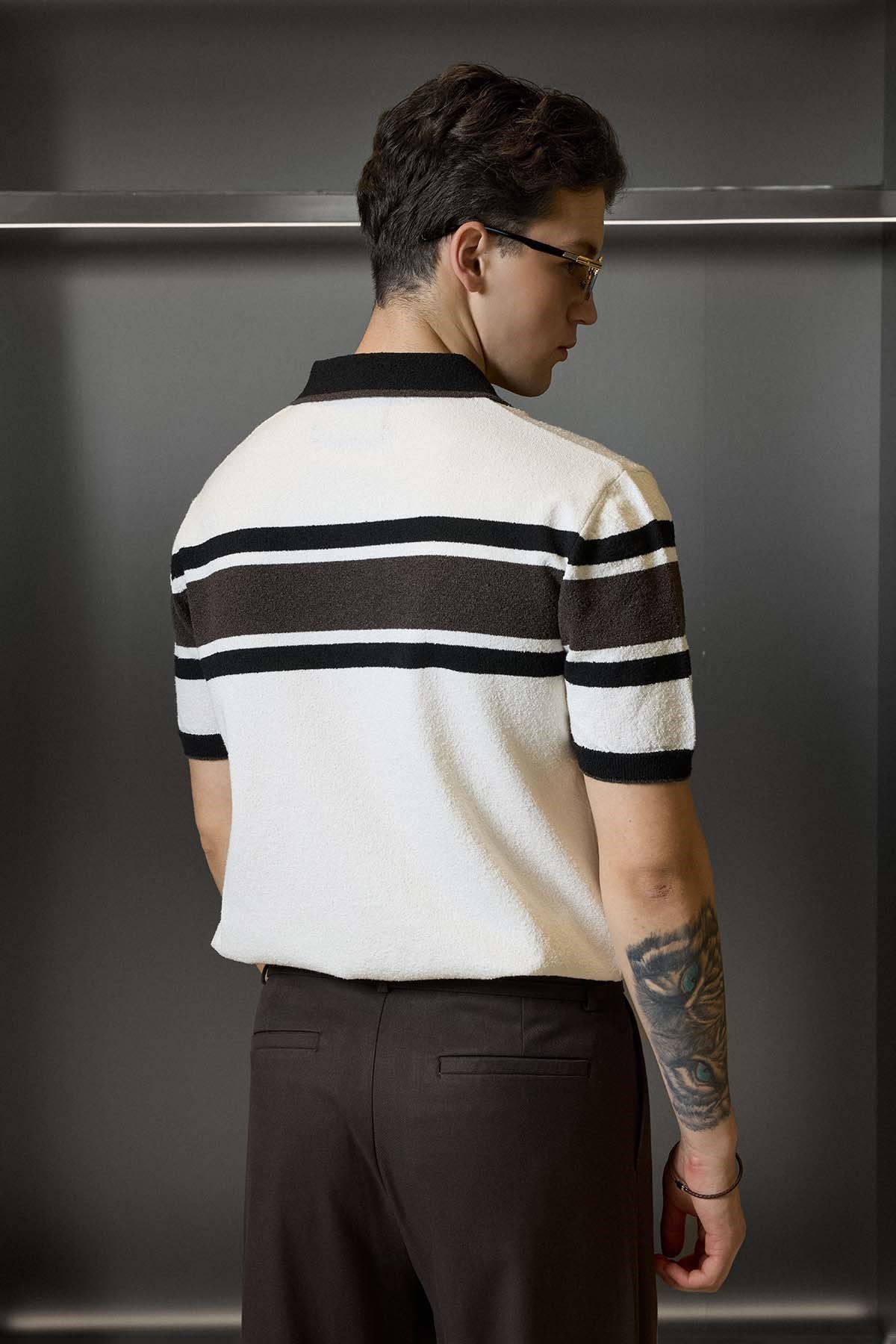 Erkek Regular Fit Çizgili Havlu Triko Polo Yaka T-Shirt Ekru Kahverengi