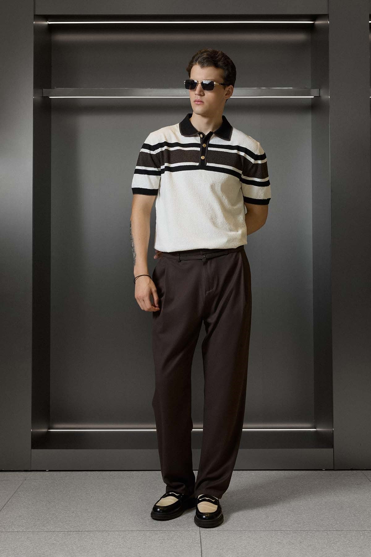 Erkek Regular Fit Çizgili Havlu Triko Polo Yaka T-Shirt Ekru Kahverengi