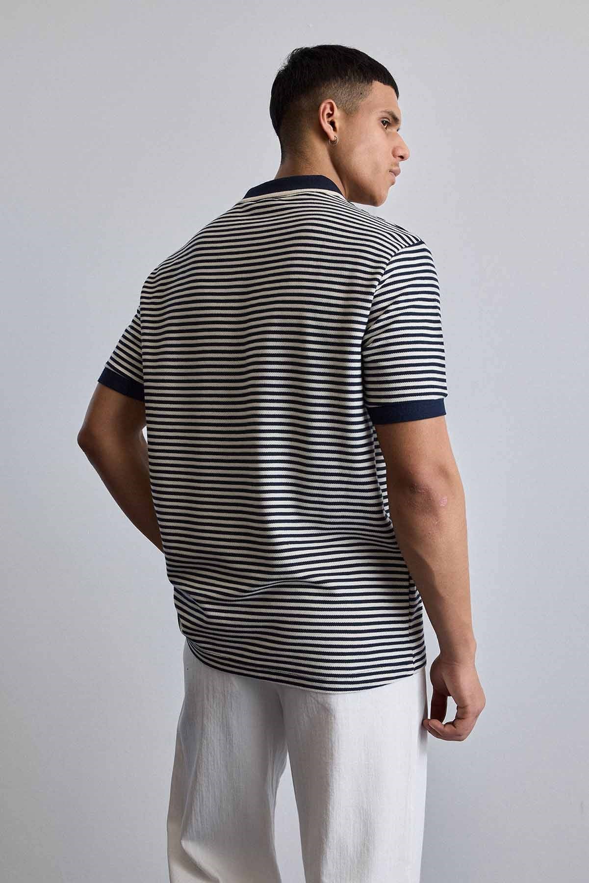 Erkek Regular Fit Çizgili Polo Yaka Örme T-Shirt Lacivert