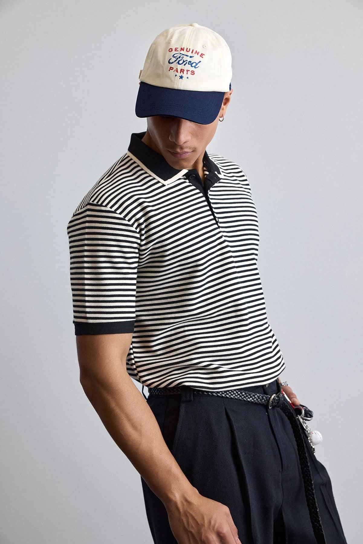 Erkek Regular Fit Çizgili Polo Yaka Örme T-Shirt Siyah