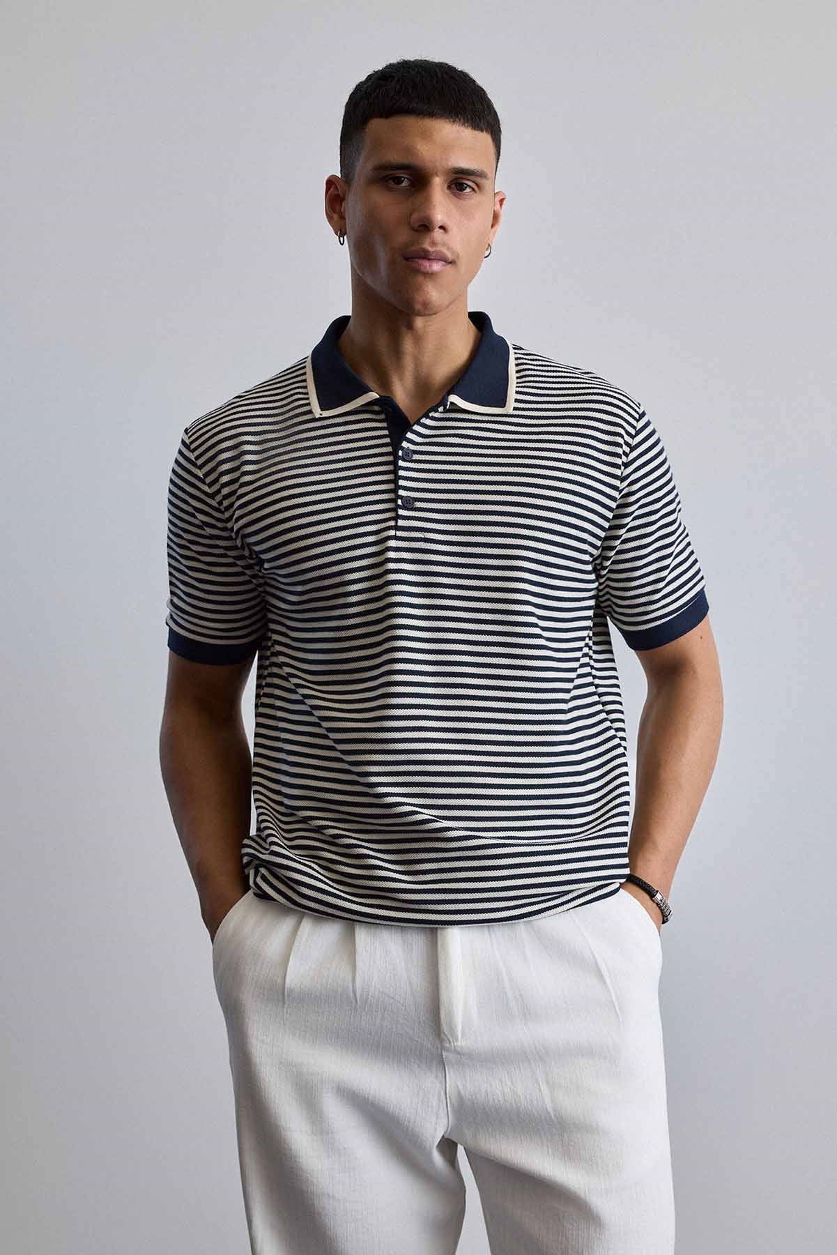 Erkek Regular Fit Çizgili Polo Yaka Örme T-Shirt Lacivert