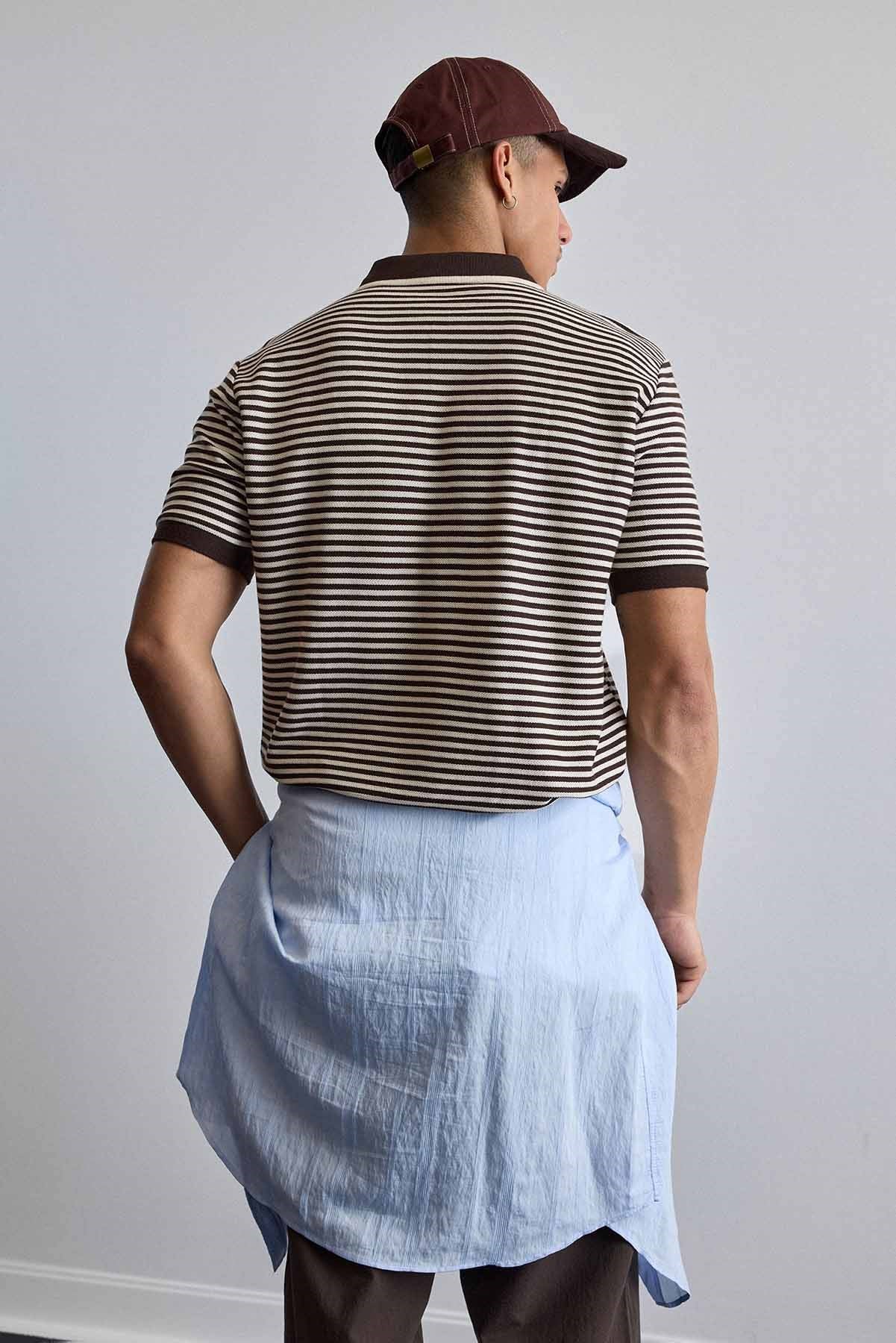 Erkek Regular Fit Çizgili Polo Yaka Örme T-Shirt Kahverengi
