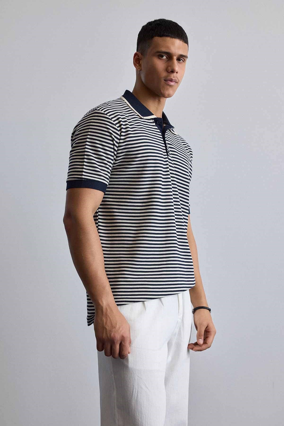 Erkek Regular Fit Çizgili Polo Yaka Örme T-Shirt Lacivert