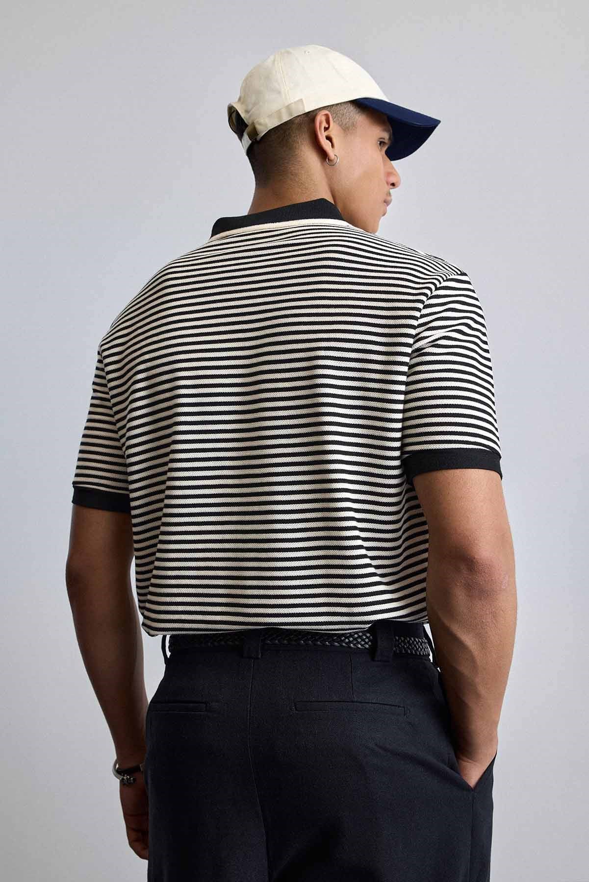 Erkek Regular Fit Çizgili Polo Yaka Örme T-Shirt Siyah