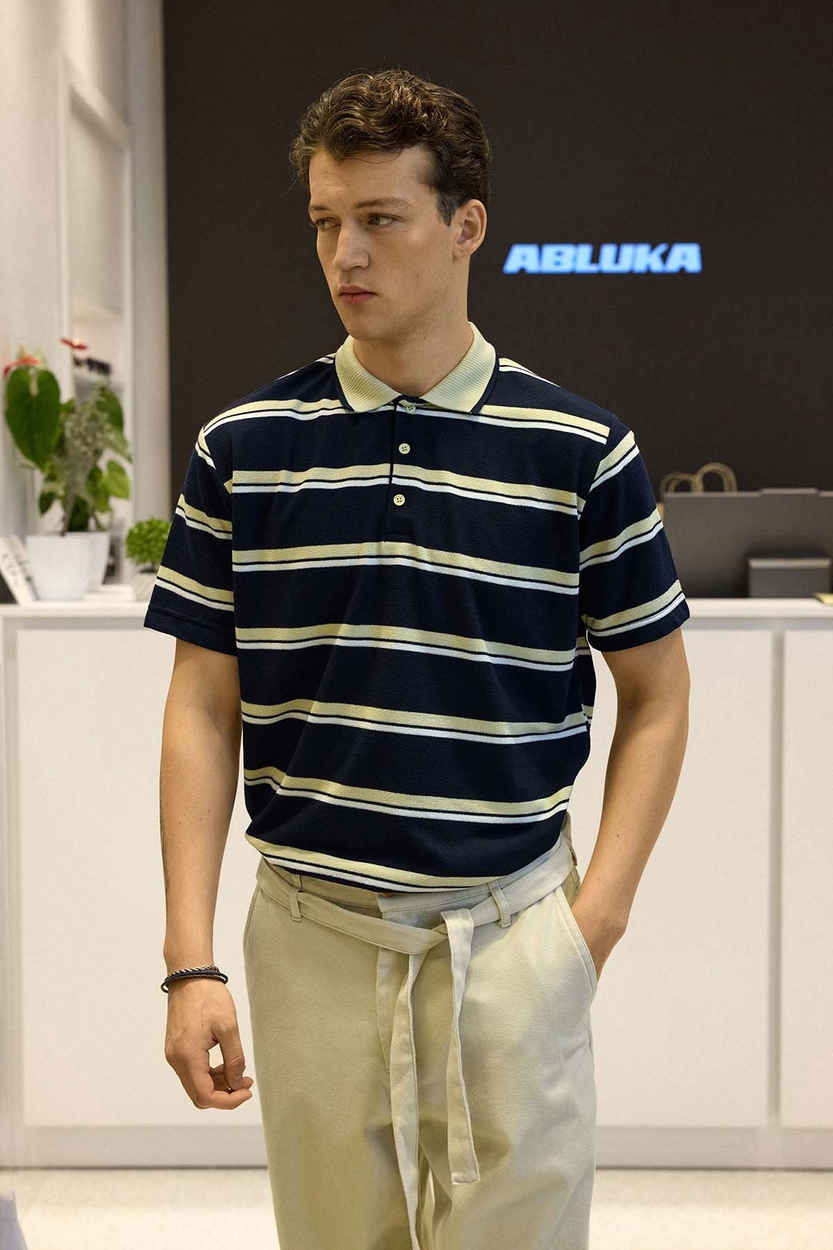 Erkek Regular Fit Çizgili Triko Polo Yaka T-Shirt Lacivert