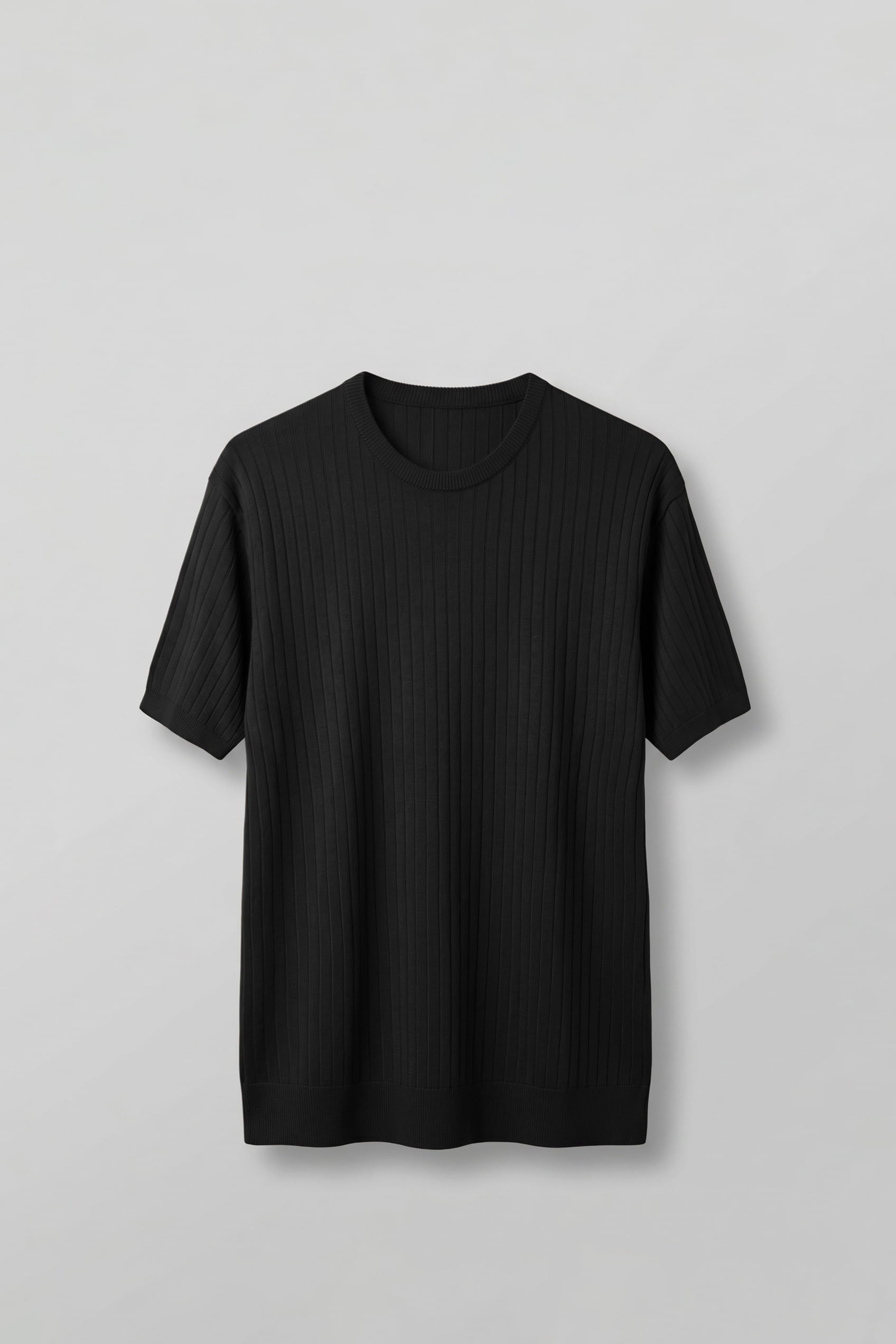 Erkek Regular Fit Fitilli Triko Bisiklet Yaka T-Shirt Siyah