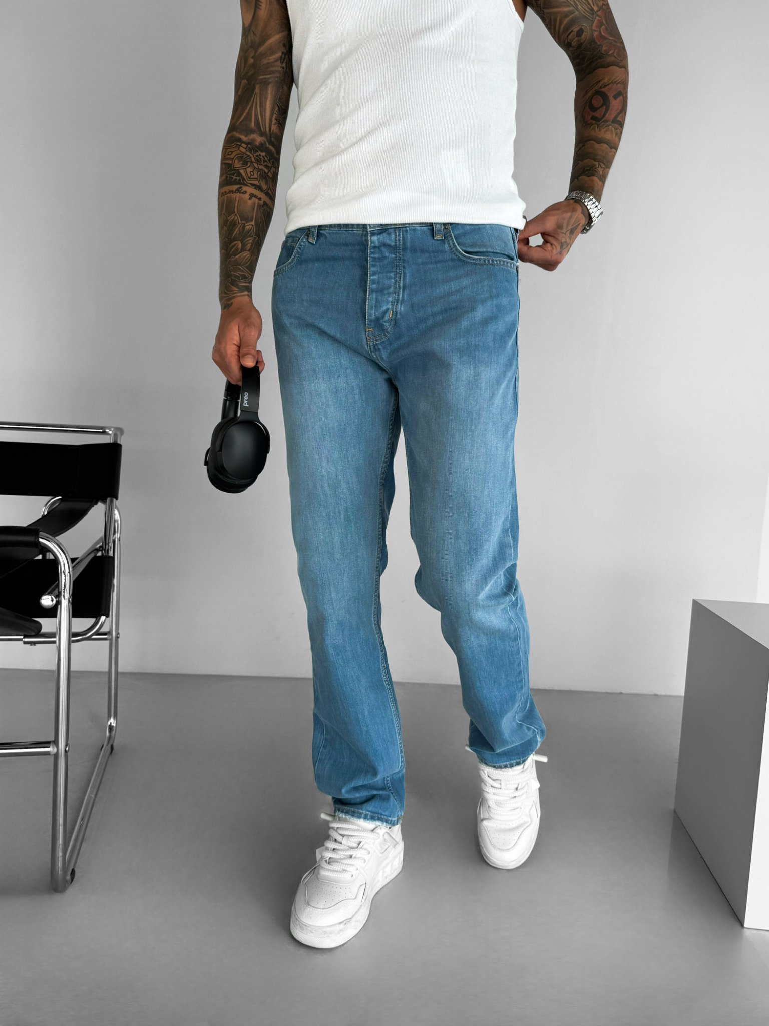 Erkek Regular Fit Kesim Eskitmeli Jean Pantolon Mavi