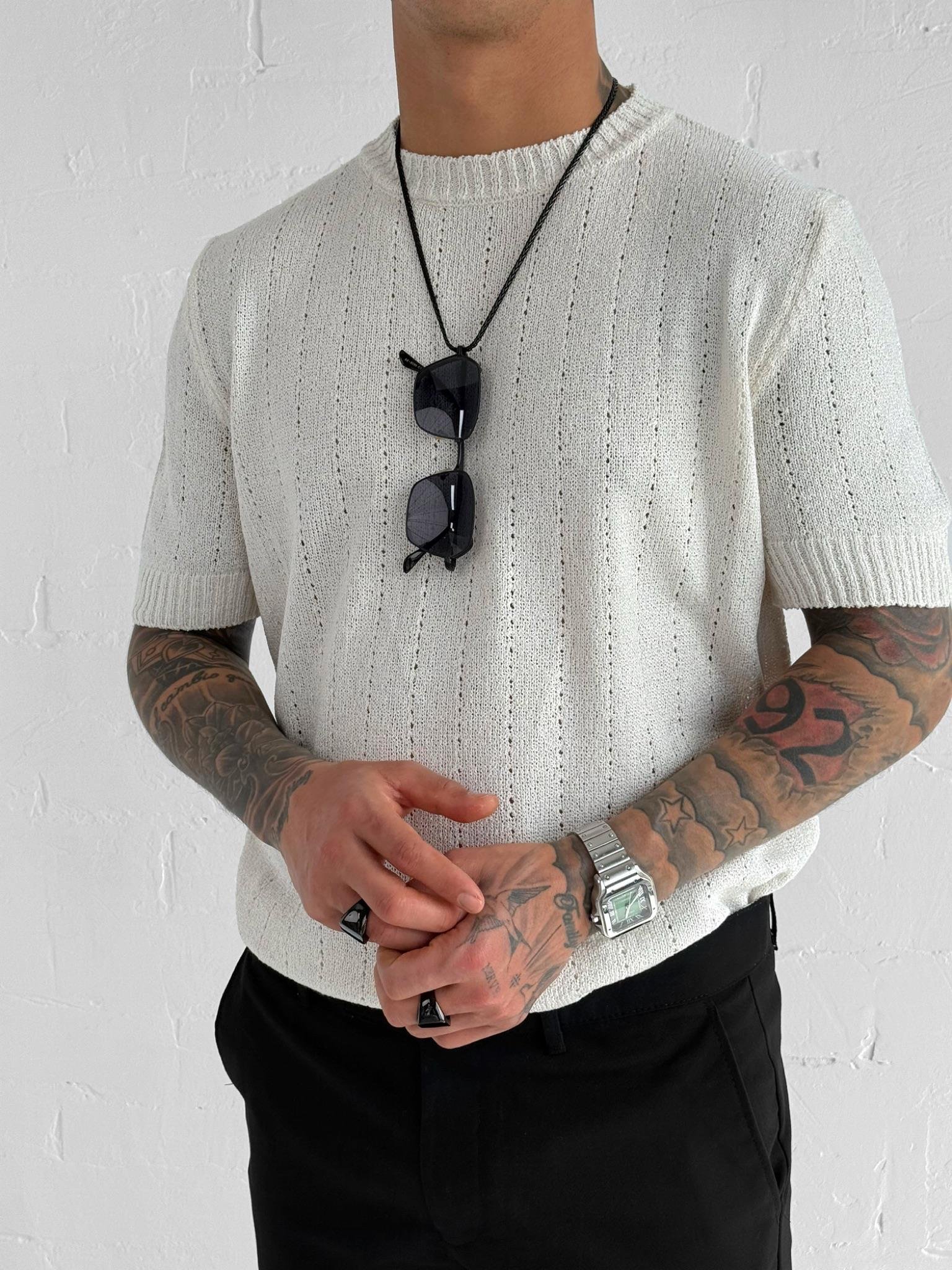 Erkek Regular Fit Örme Desenli T-Shirt Krem