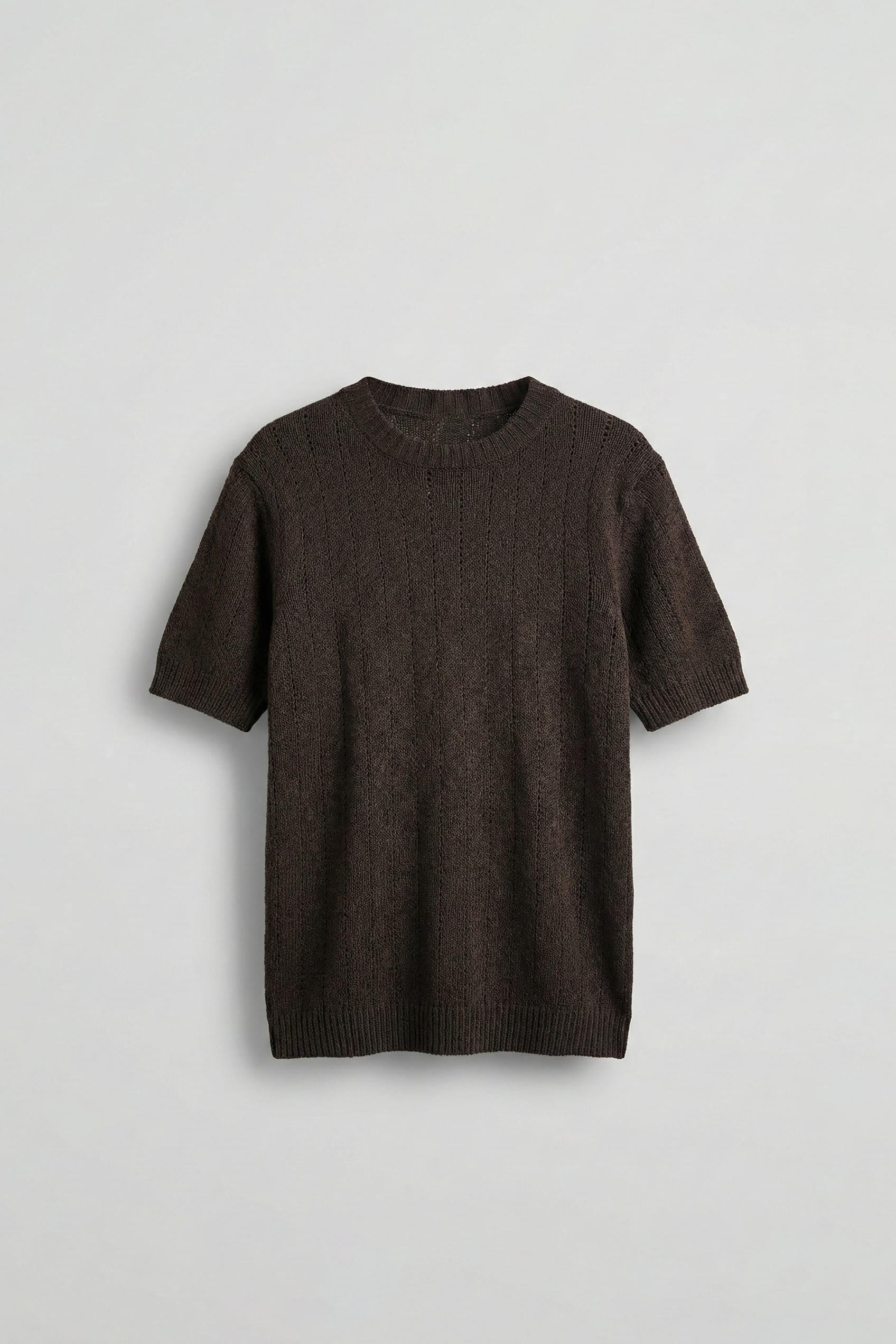 Erkek Regular Fit Örme Desenli T-Shirt Koyu Kahve
