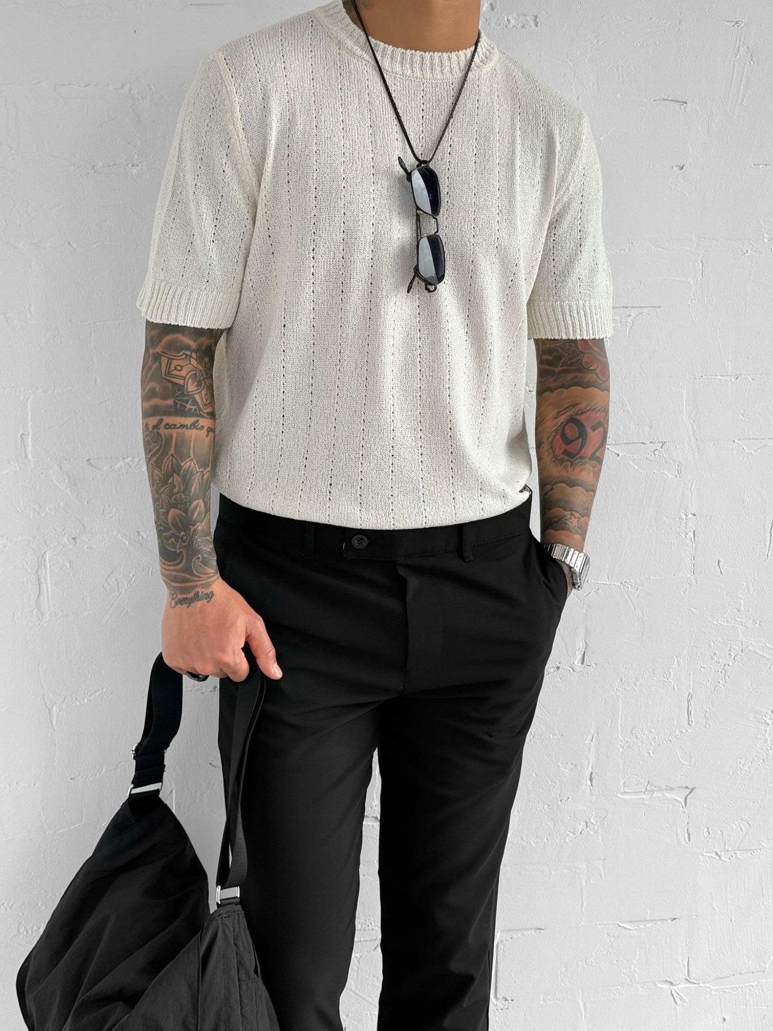 Erkek Regular Fit Örme Desenli T-Shirt Krem