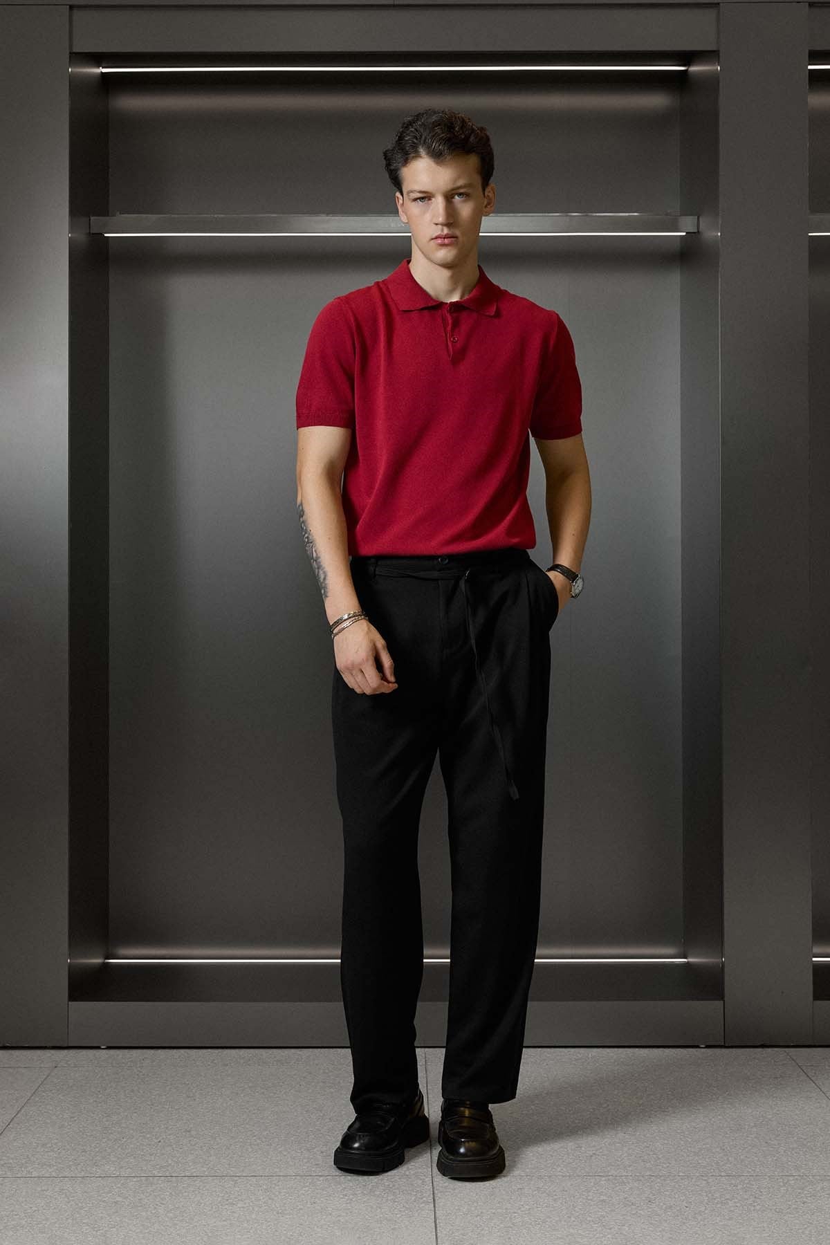 Erkek Regular Fit Örme Kumaş Basic Polo Yaka T-Shirt Kırmızı